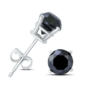 1 Carat Tw Round Black Diamond Solitaire Stud Earrings In 10K White Gold