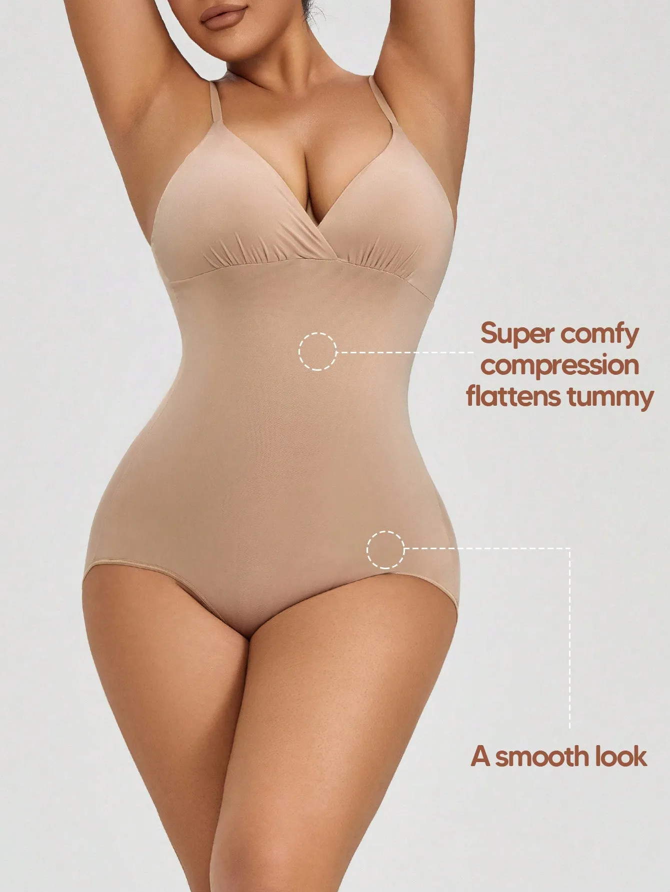 1 pieza Body femenino transparente con copas de triangulo de cuello en V profundo, moldeador con control de abdomen y elevador de gluteos, adecuado para usar como capa base