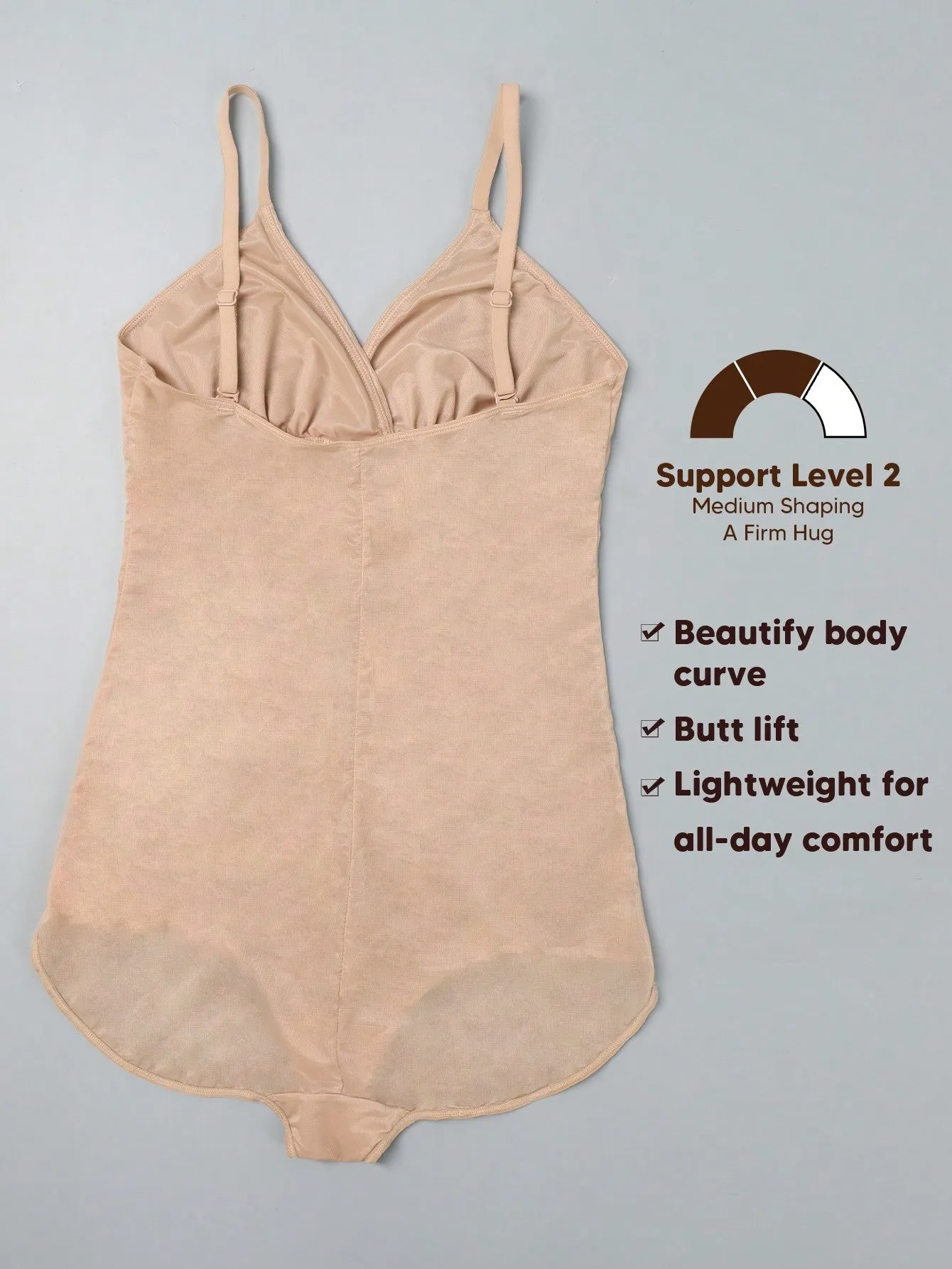 1 pieza Body femenino transparente con copas de triangulo de cuello en V profundo, moldeador con control de abdomen y elevador de gluteos, adecuado para usar como capa base