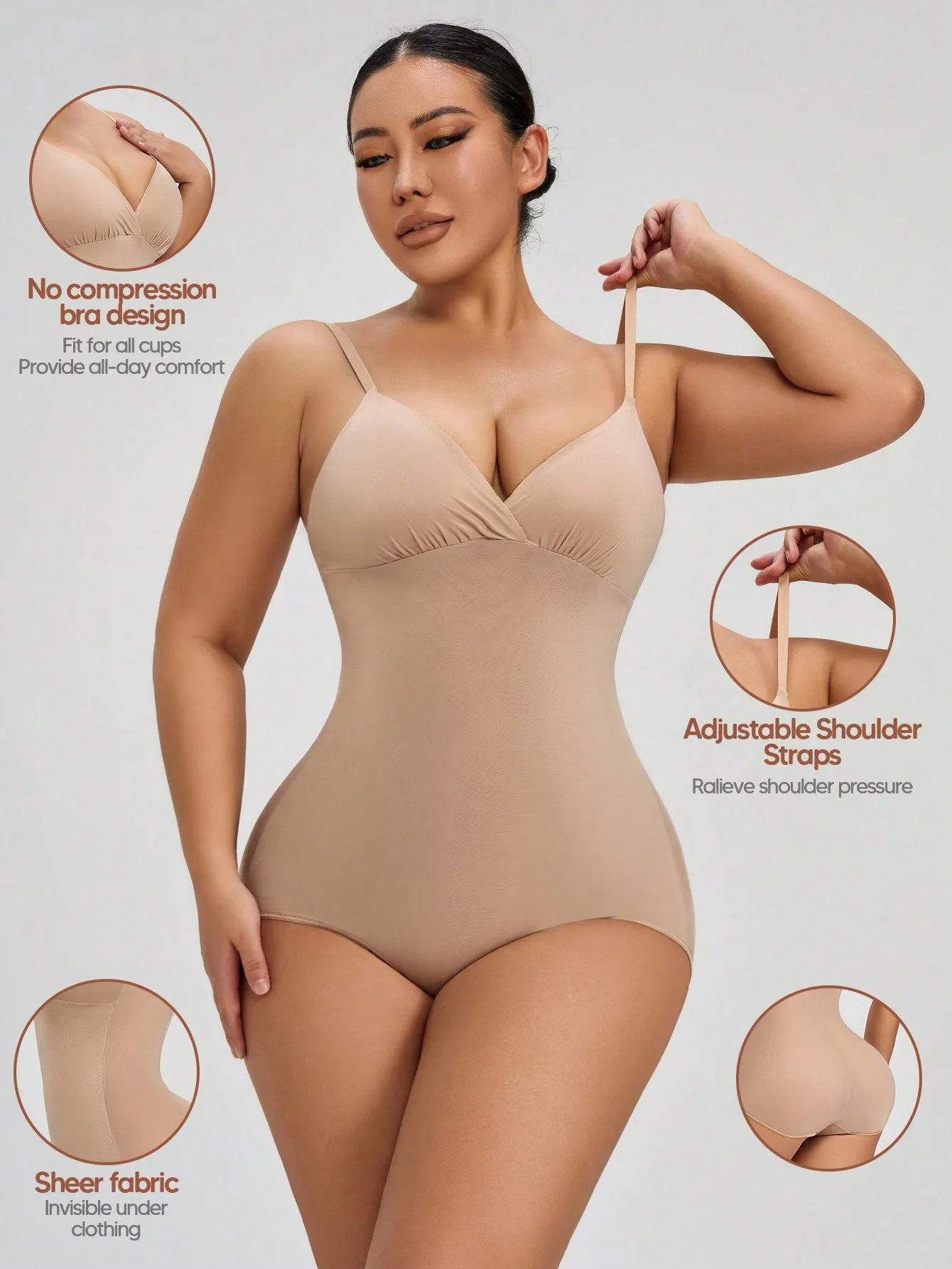 1 pieza Body femenino transparente con copas de triangulo de cuello en V profundo, moldeador con control de abdomen y elevador de gluteos, adecuado para usar como capa base