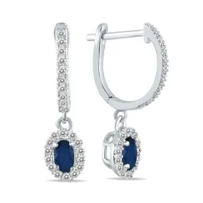 1/2 Carat Oval Sapphire And Diamond Halo Dangle Earrings In 10K White Gold