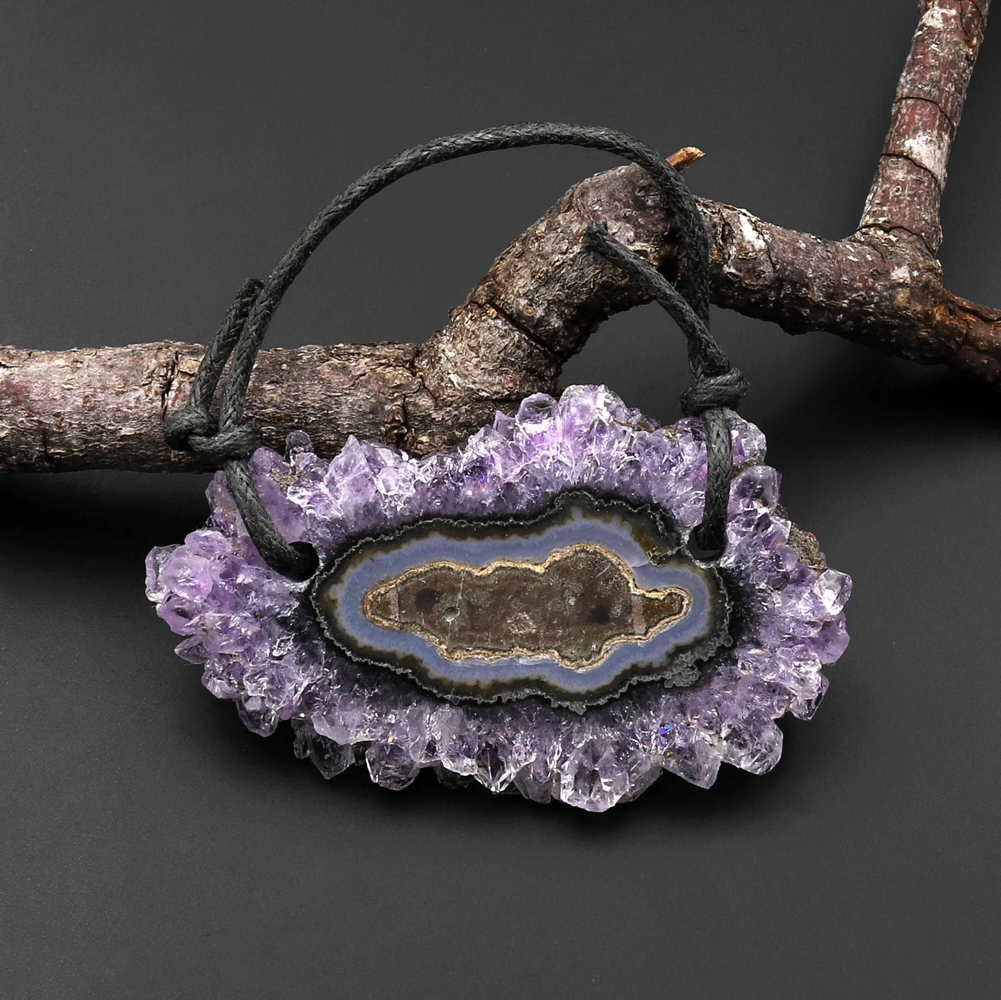 2 Hole Pendant Natural Amethyst Stalactite Flower Pendant Flat Slice Freeform One of a Kind P0102