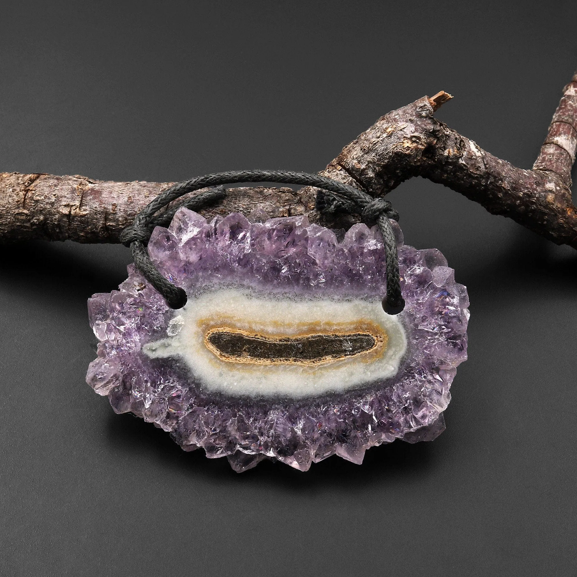 2 Hole Pendant Natural Amethyst Stalactite Flower Pendant Flat Slice Freeform One of a Kind P0165