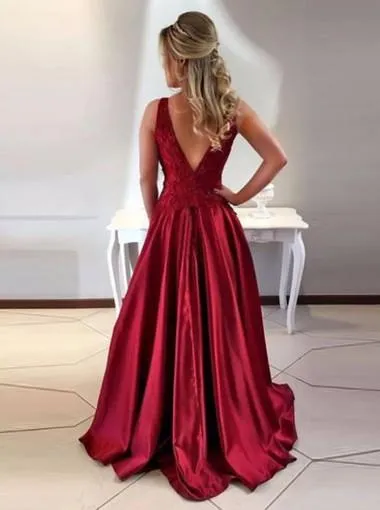 2018 Sexy Backless Maroon A-line Long Evening Prom Dresses, 17702