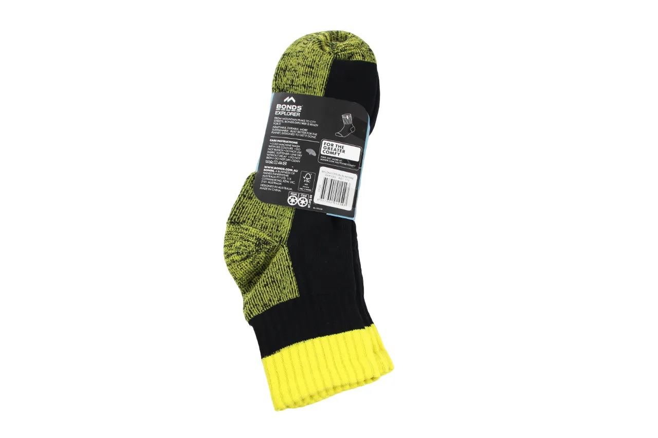 9 x Mens Bonds Explorer Tough Work Quarter Crew Cotton Socks - Black/Yellow