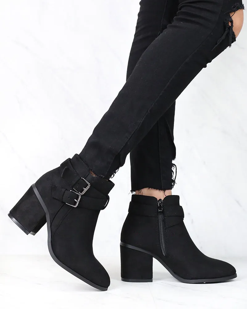 A Grand Entrance Faux Suede Ankle Bootie With Buckle Detail in More Colors