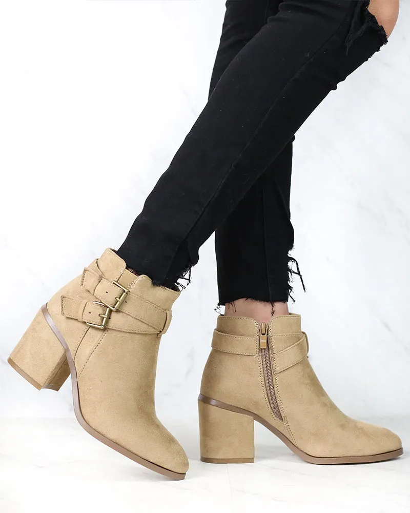 A Grand Entrance Faux Suede Ankle Bootie With Buckle Detail in More Colors