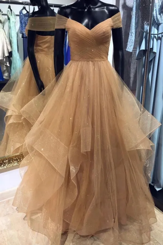 A Line Off the Shoulder Floor Length Prom Dress with Pleats Long Evening Dresses