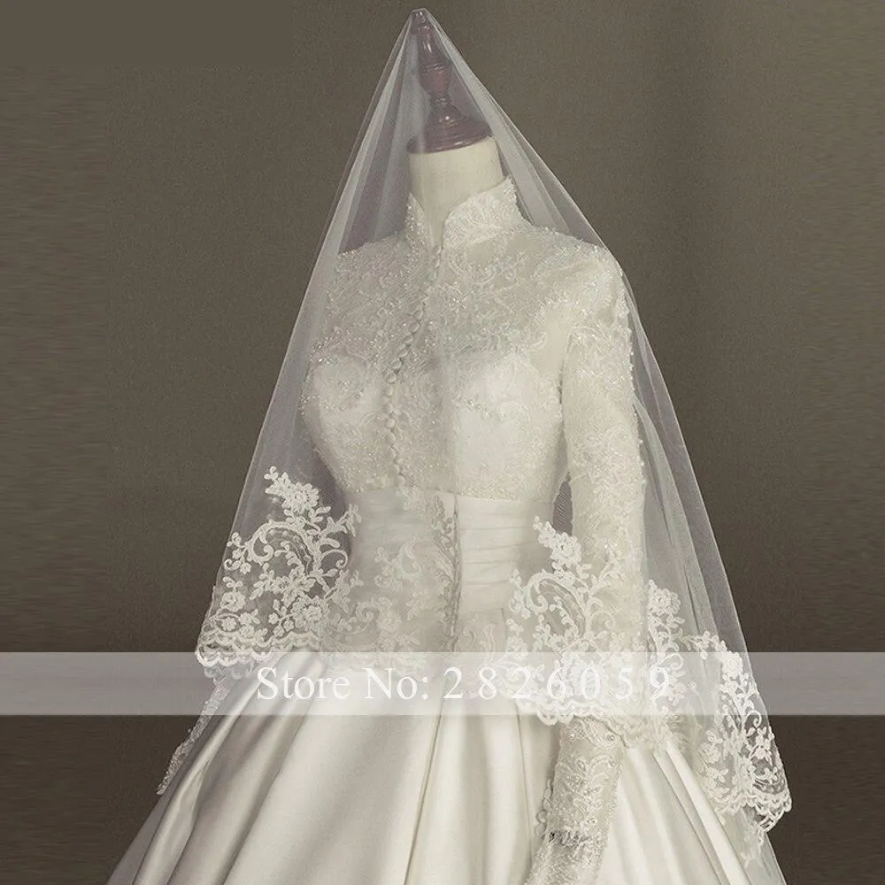 A-Line Satin High Neck Long Sleeves Floor Length Beaded Bridal Gowns