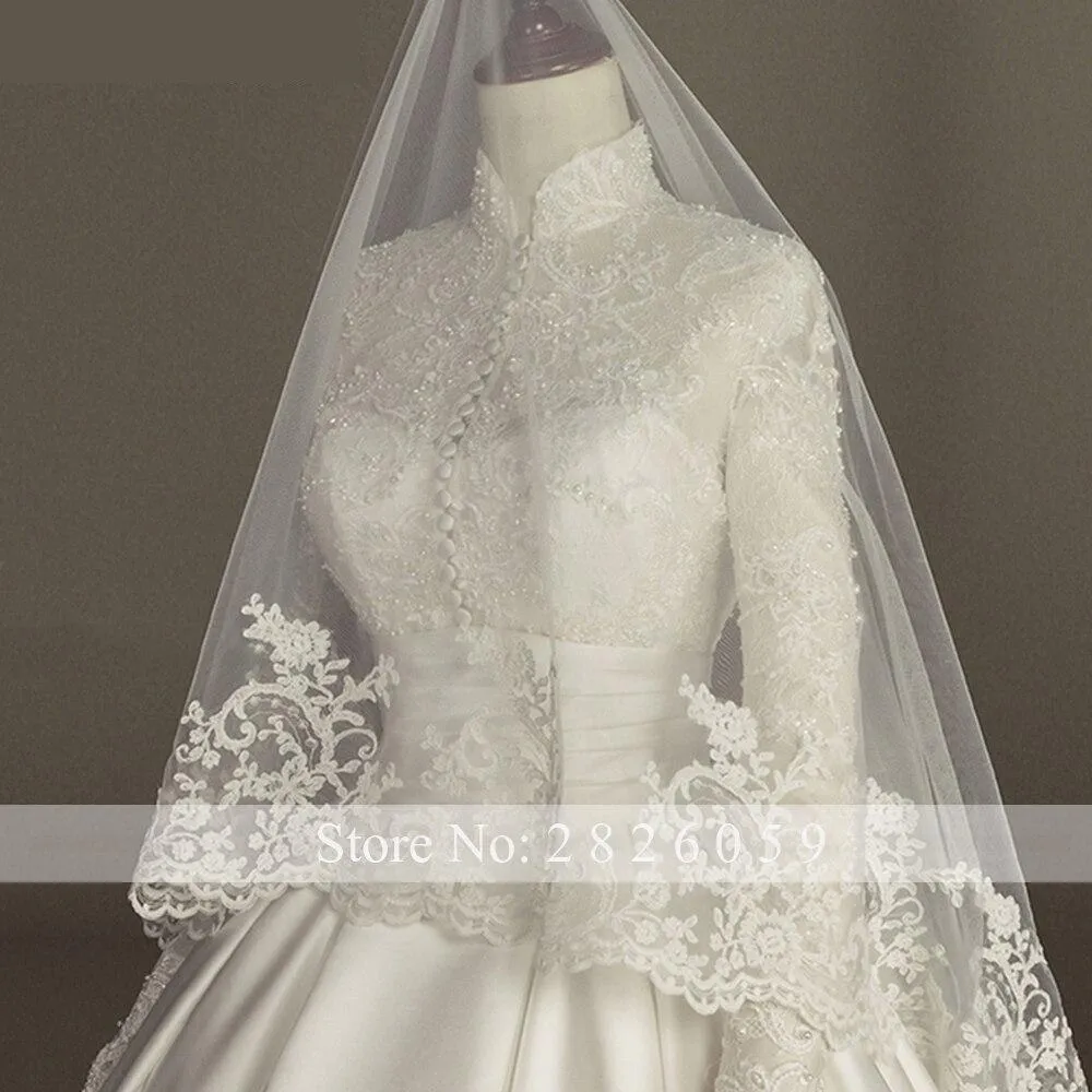 A-Line Satin High Neck Long Sleeves Floor Length Beaded Bridal Gowns