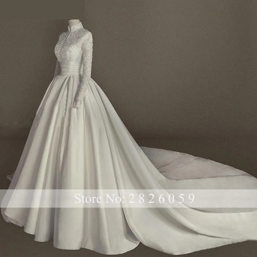 A-Line Satin High Neck Long Sleeves Floor Length Beaded Bridal Gowns