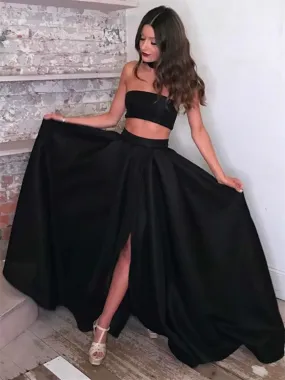 A Line Unique Black Two Pieces Satin Long Prom Dresses with Side Slit, Black 2 Pieces Satin Long Formal Evening Party Dresses