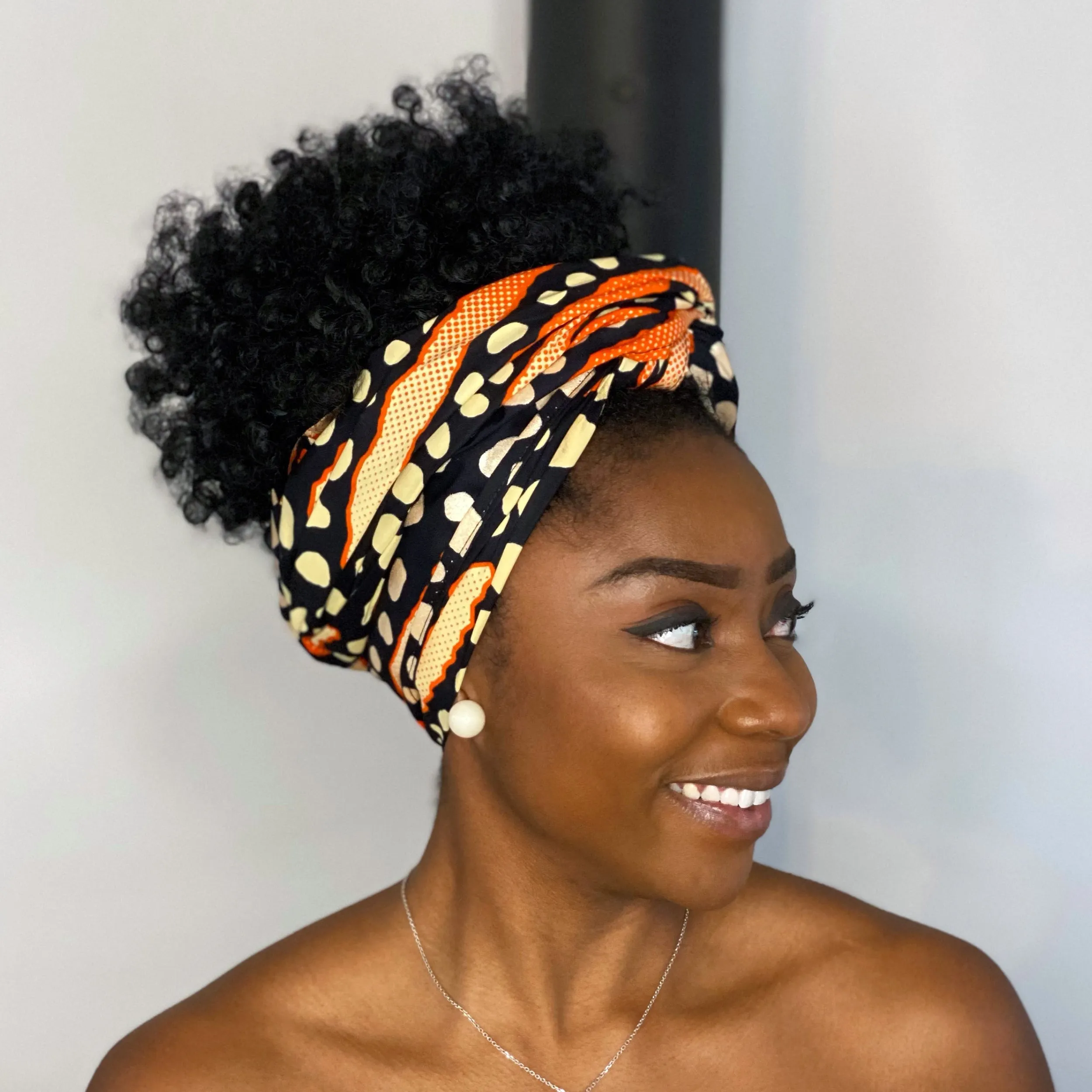 African headwrap - Black Orange metallic bogolan