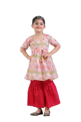 Ahhaaaa Kids Ethnic Cotton Floral Print Anarkali Kurti and Sharara For Girls