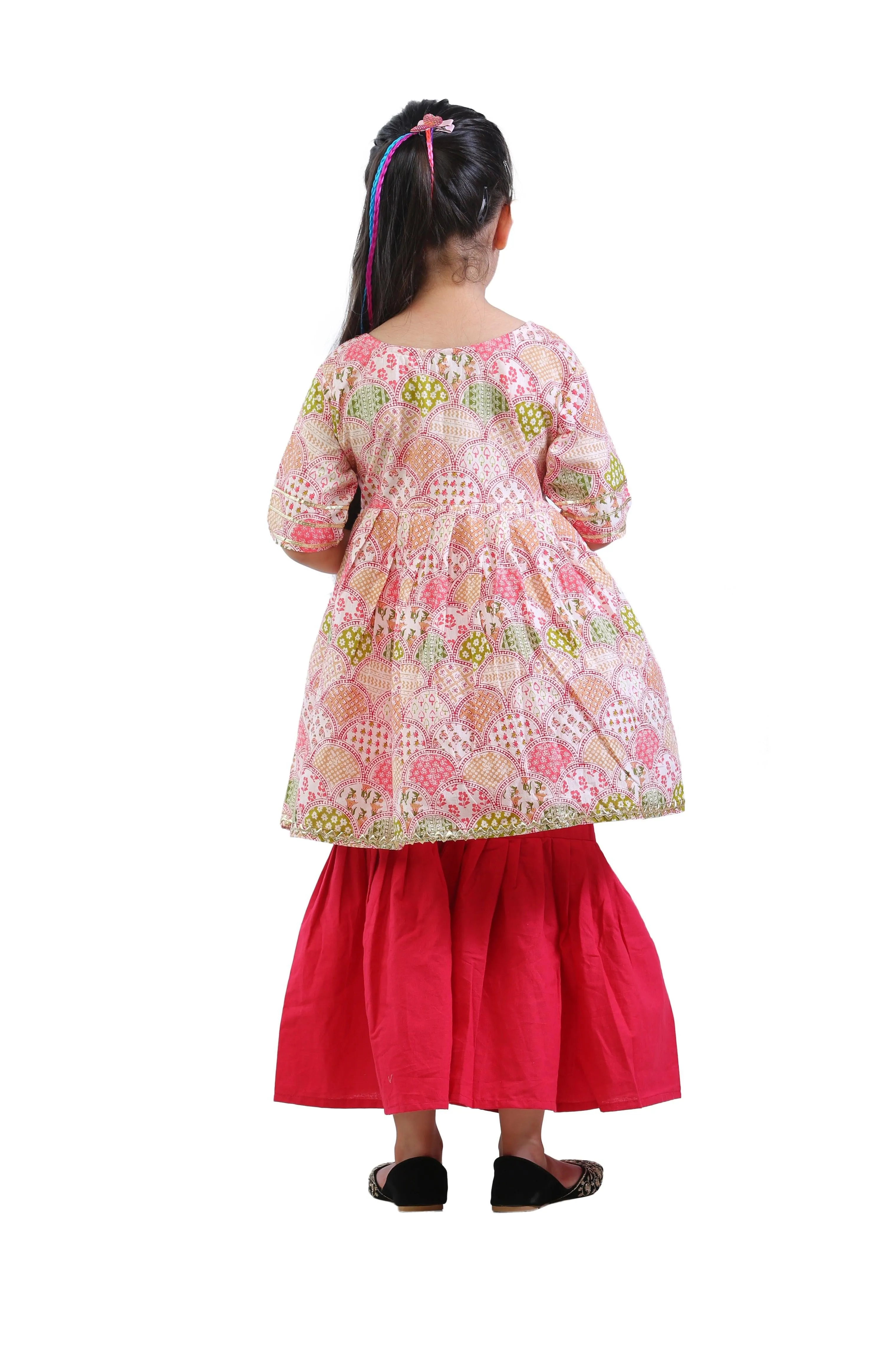 Ahhaaaa Kids Ethnic Cotton Floral Print Anarkali Kurti and Sharara For Girls