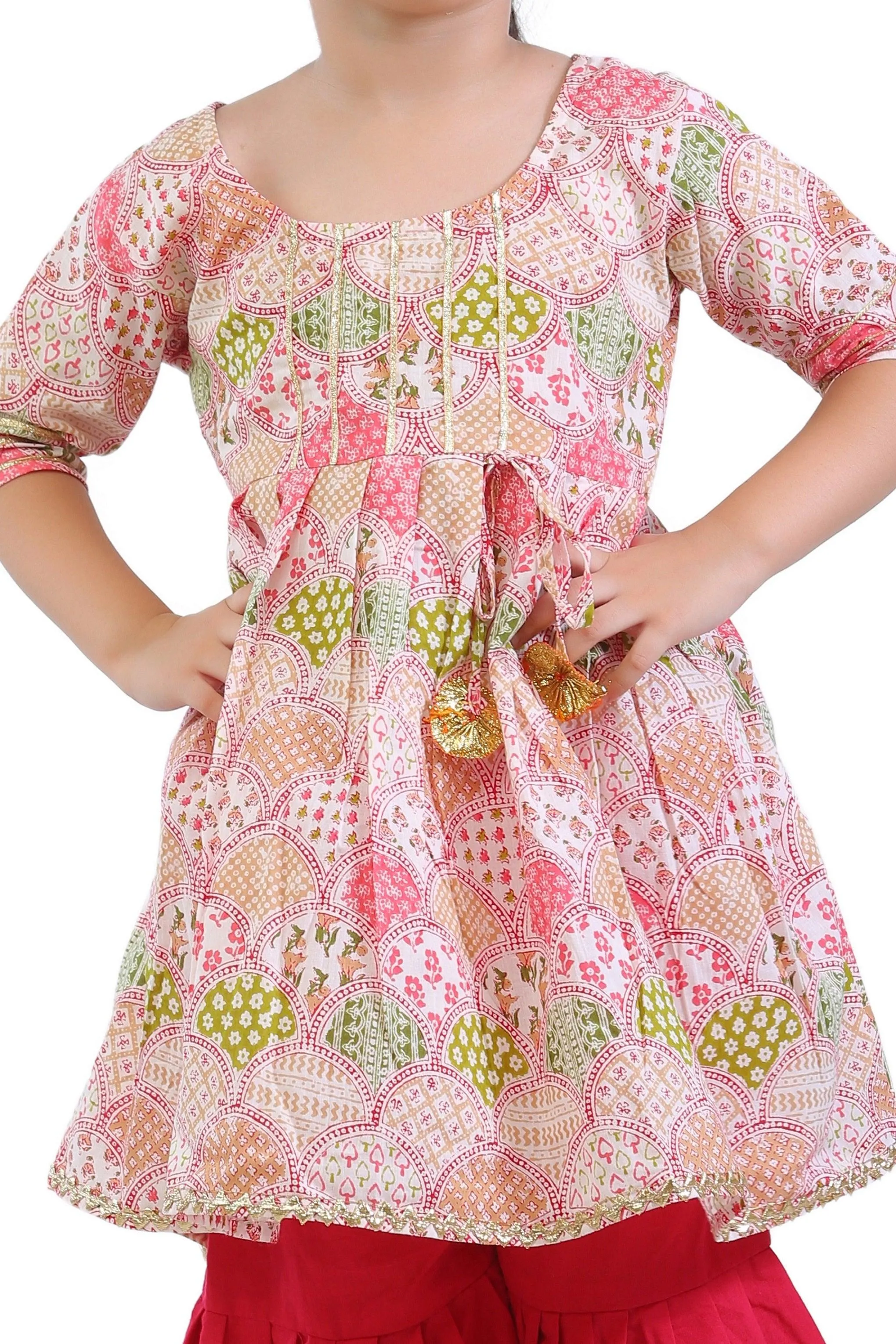 Ahhaaaa Kids Ethnic Cotton Floral Print Anarkali Kurti and Sharara For Girls