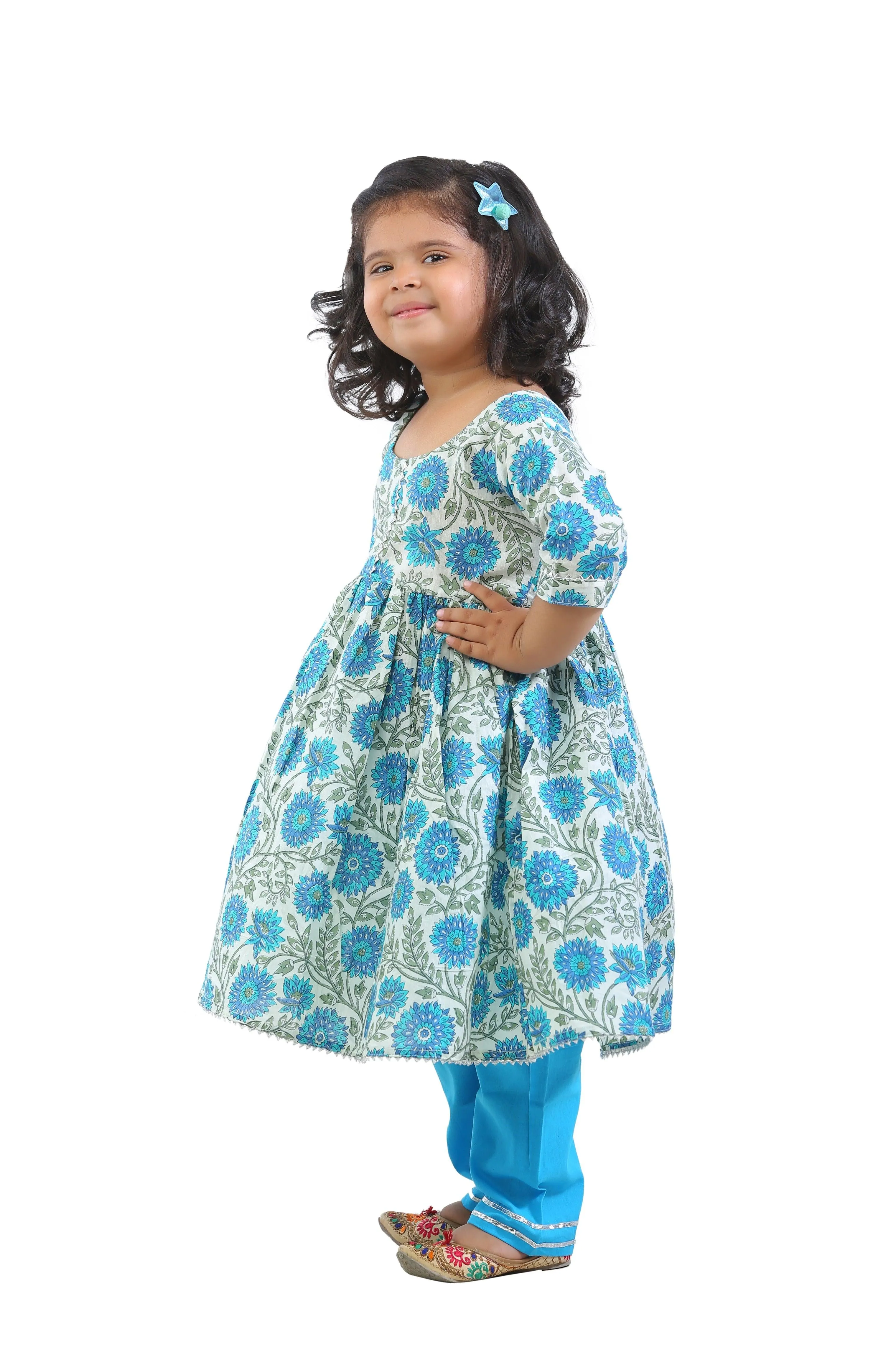 Ahhaaaa Kids Ethnic Cotton Floral Print Anarkali Kurti and Soild Pant For Girls