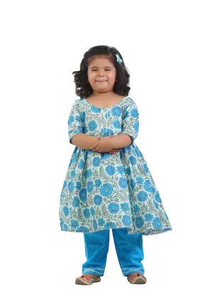 Ahhaaaa Kids Ethnic Cotton Floral Print Anarkali Kurti and Soild Pant For Girls