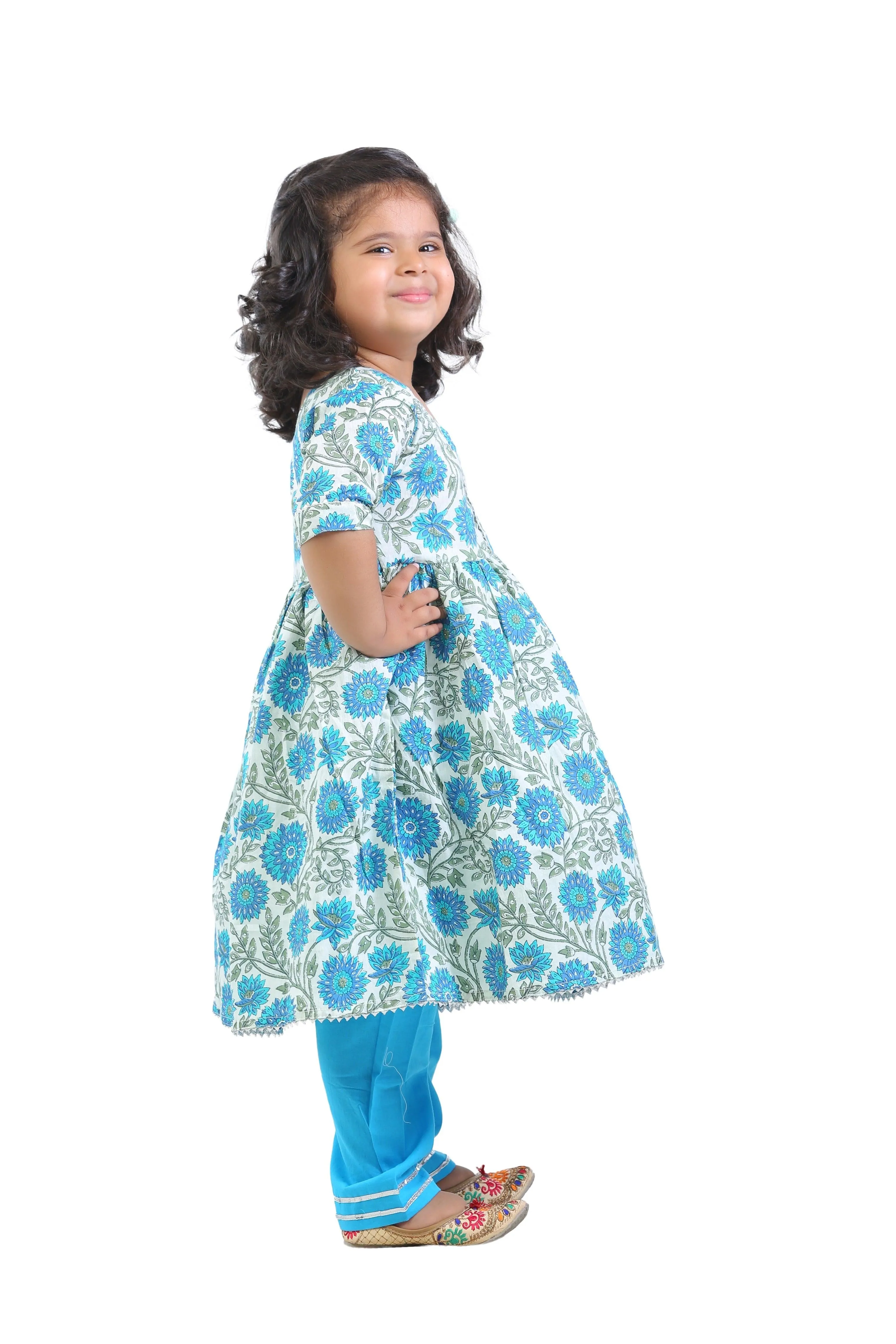 Ahhaaaa Kids Ethnic Cotton Floral Print Anarkali Kurti and Soild Pant For Girls