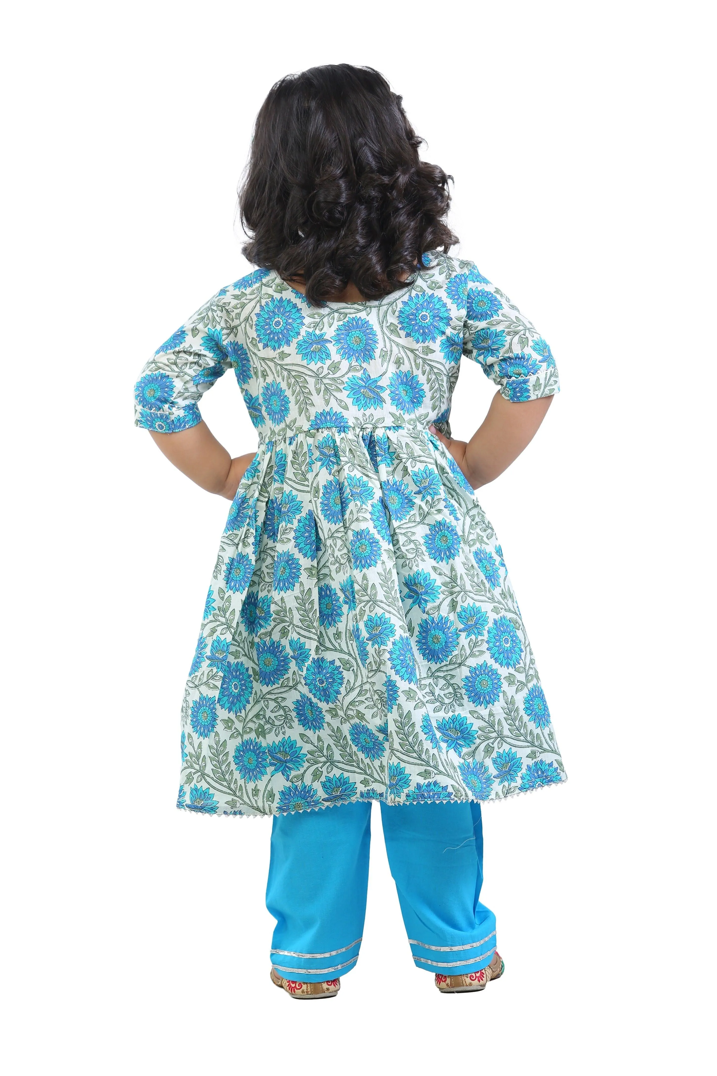 Ahhaaaa Kids Ethnic Cotton Floral Print Anarkali Kurti and Soild Pant For Girls