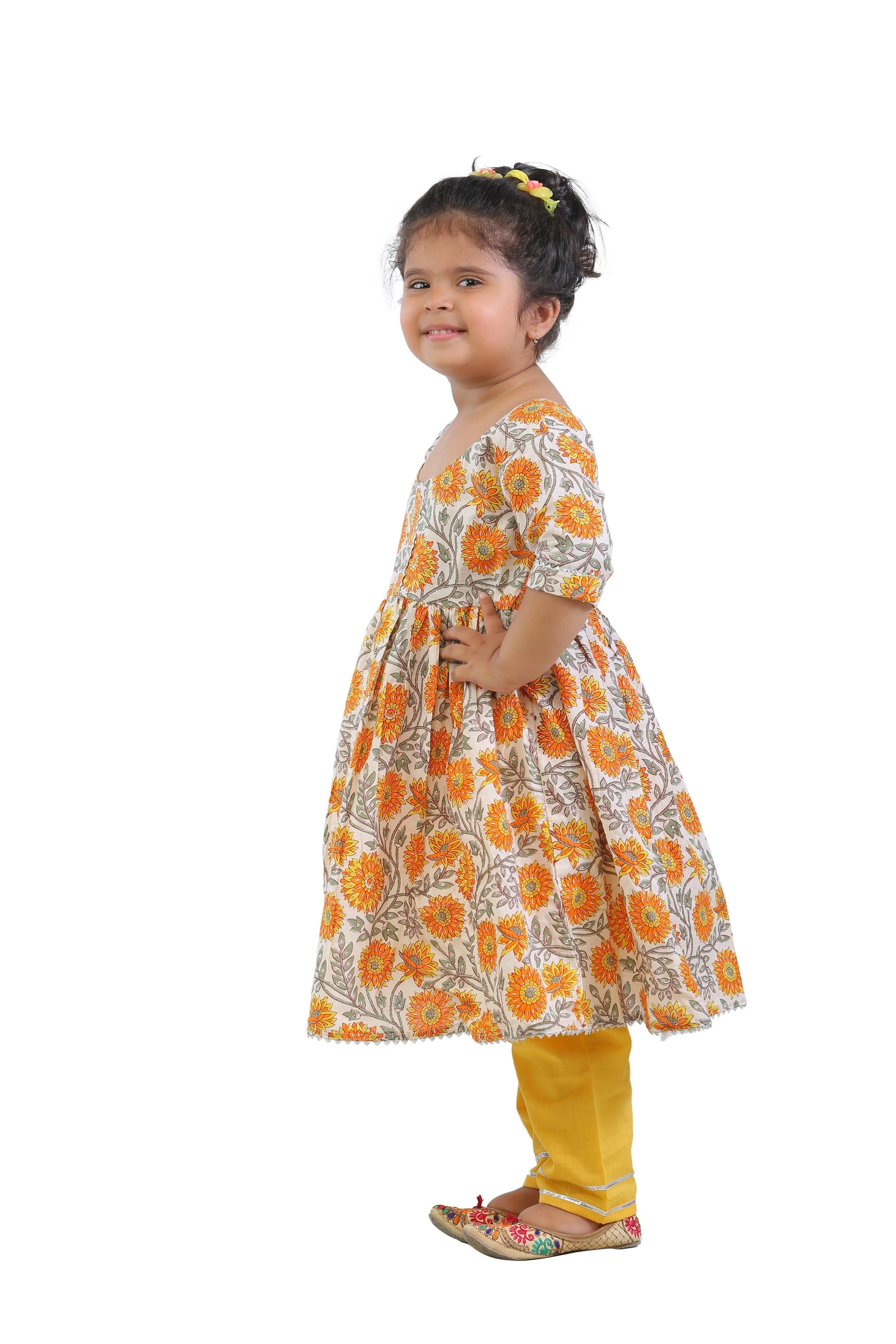 Ahhaaaa Kids Ethnic Cotton Floral Print Anarkali Kurti and Soild Pant For Girls