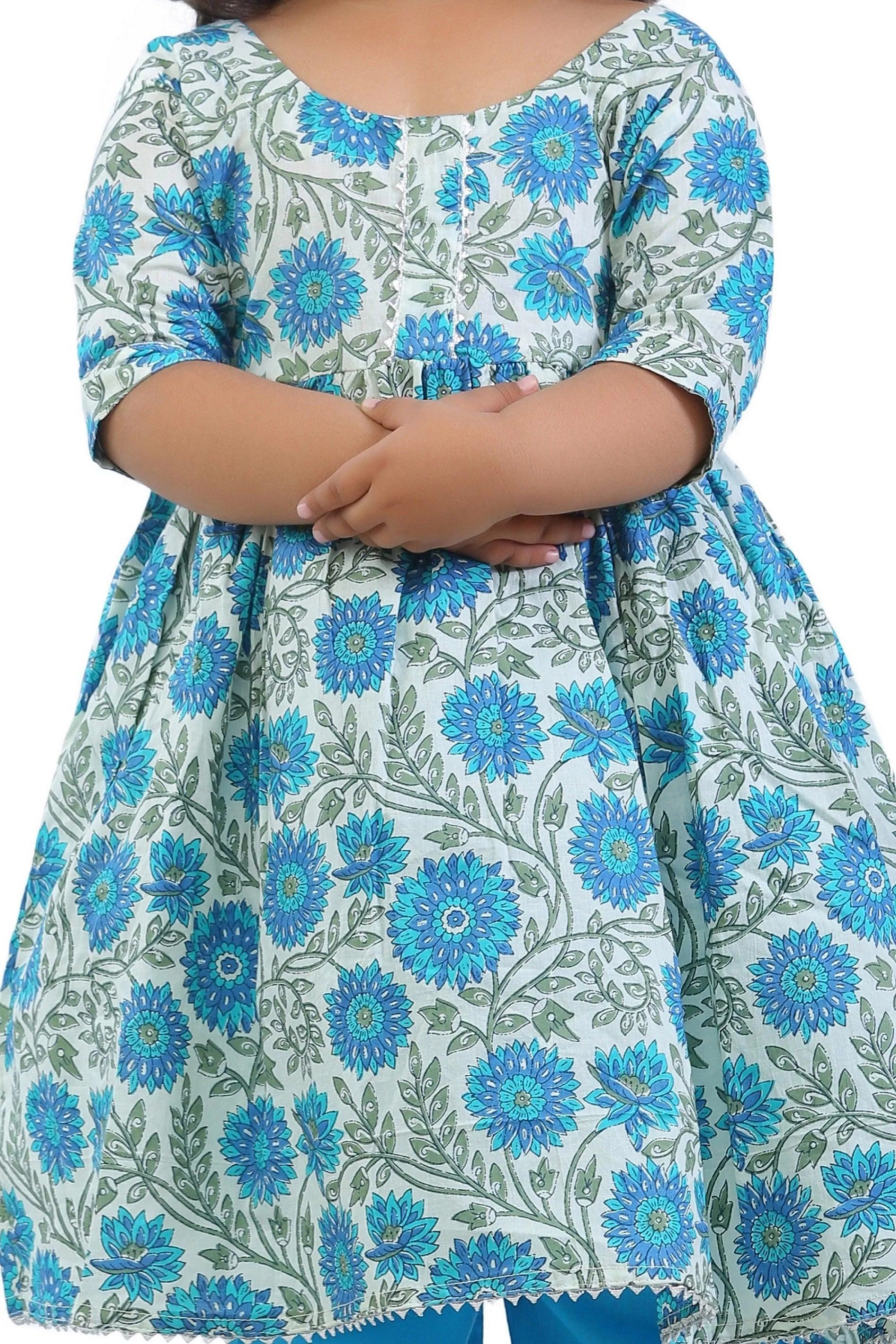 Ahhaaaa Kids Ethnic Cotton Floral Print Anarkali Kurti and Soild Pant For Girls