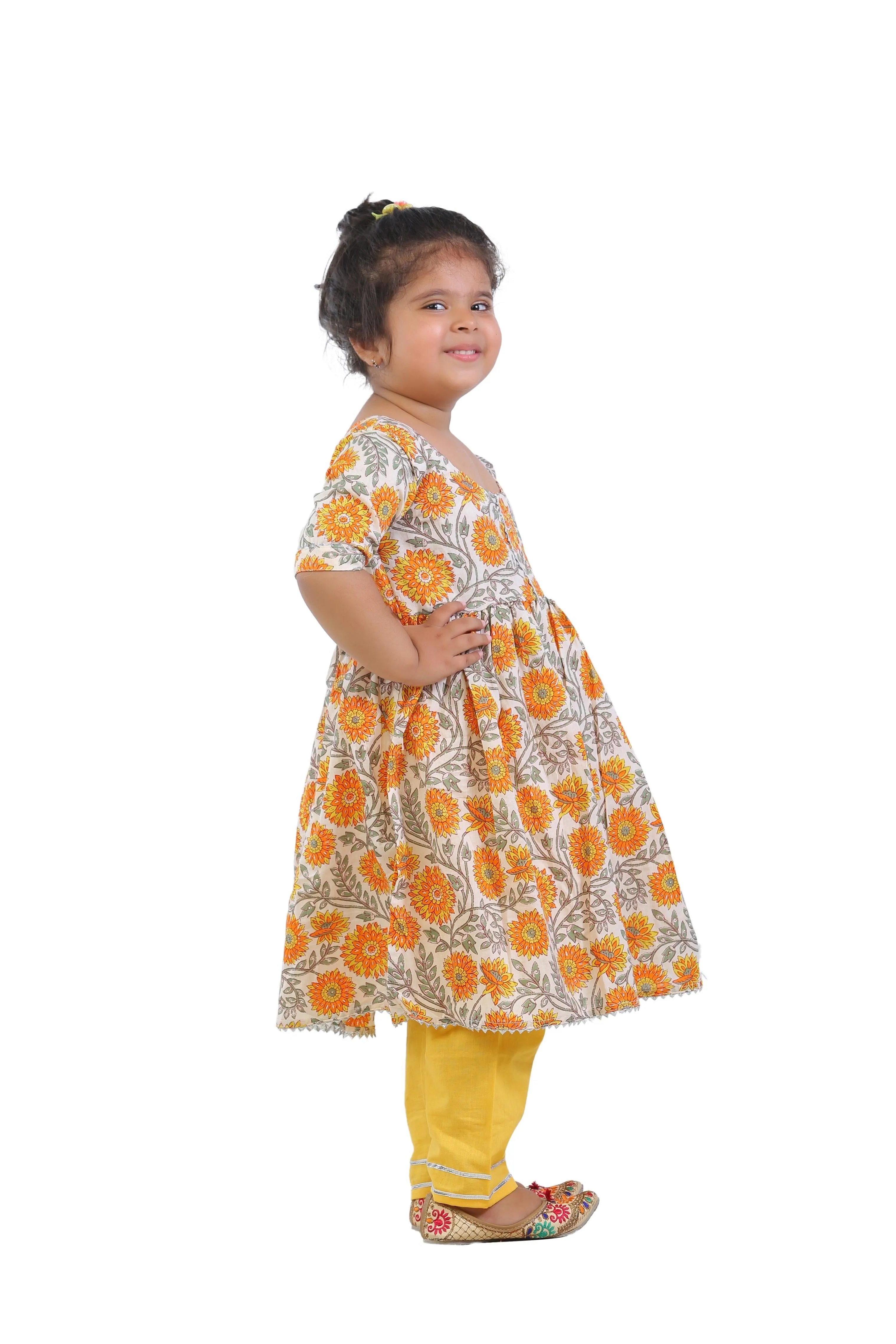 Ahhaaaa Kids Ethnic Cotton Floral Print Anarkali Kurti and Soild Pant For Girls