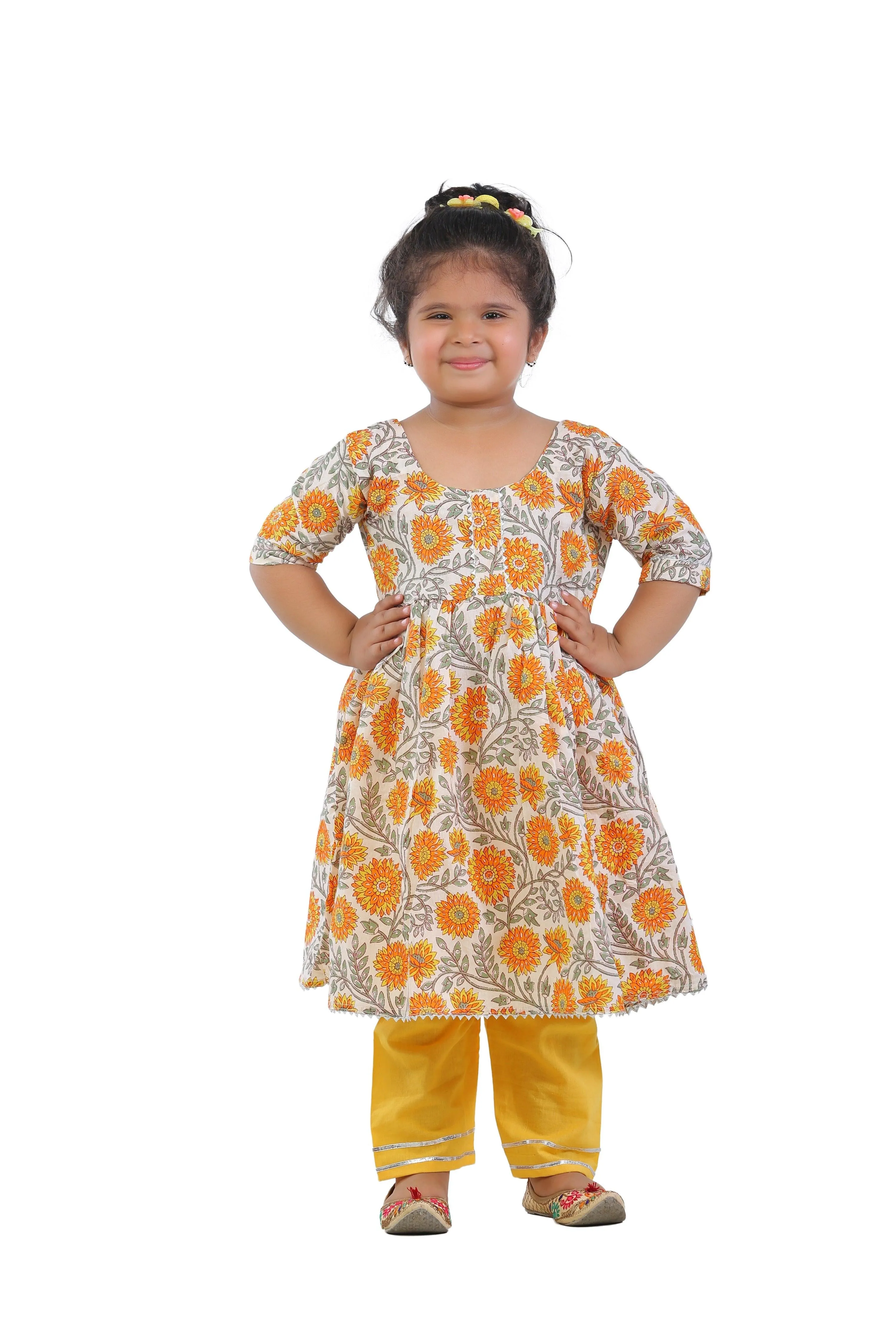 Ahhaaaa Kids Ethnic Cotton Floral Print Anarkali Kurti and Soild Pant For Girls