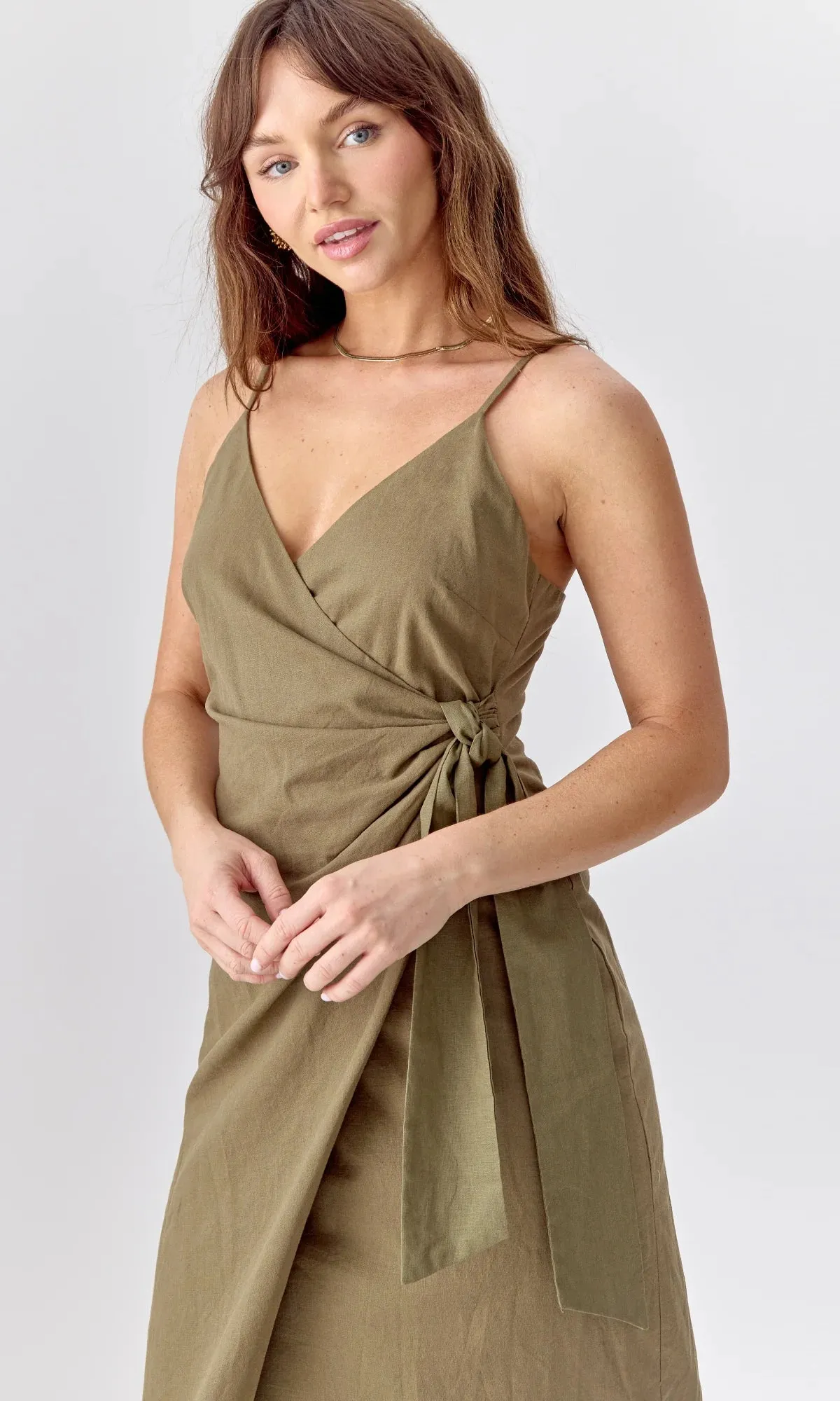 Aniston Wrap Tie Dress Linen Slip ~ Deep Olive