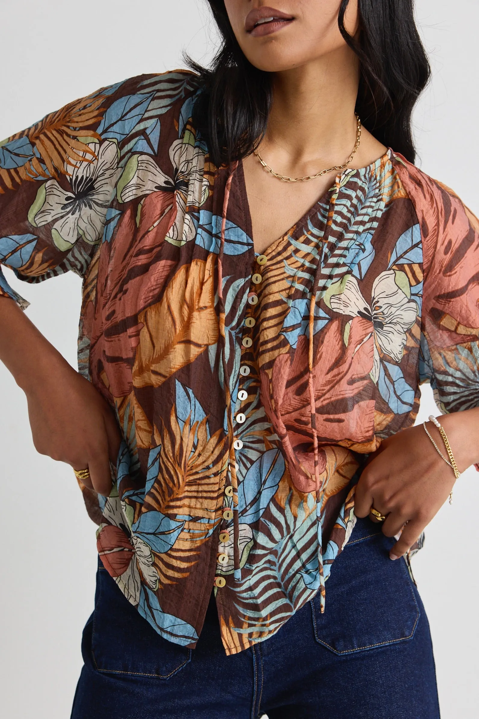 Antic Tropical Chocolate Print Pintuck Front Short Sleeve Top