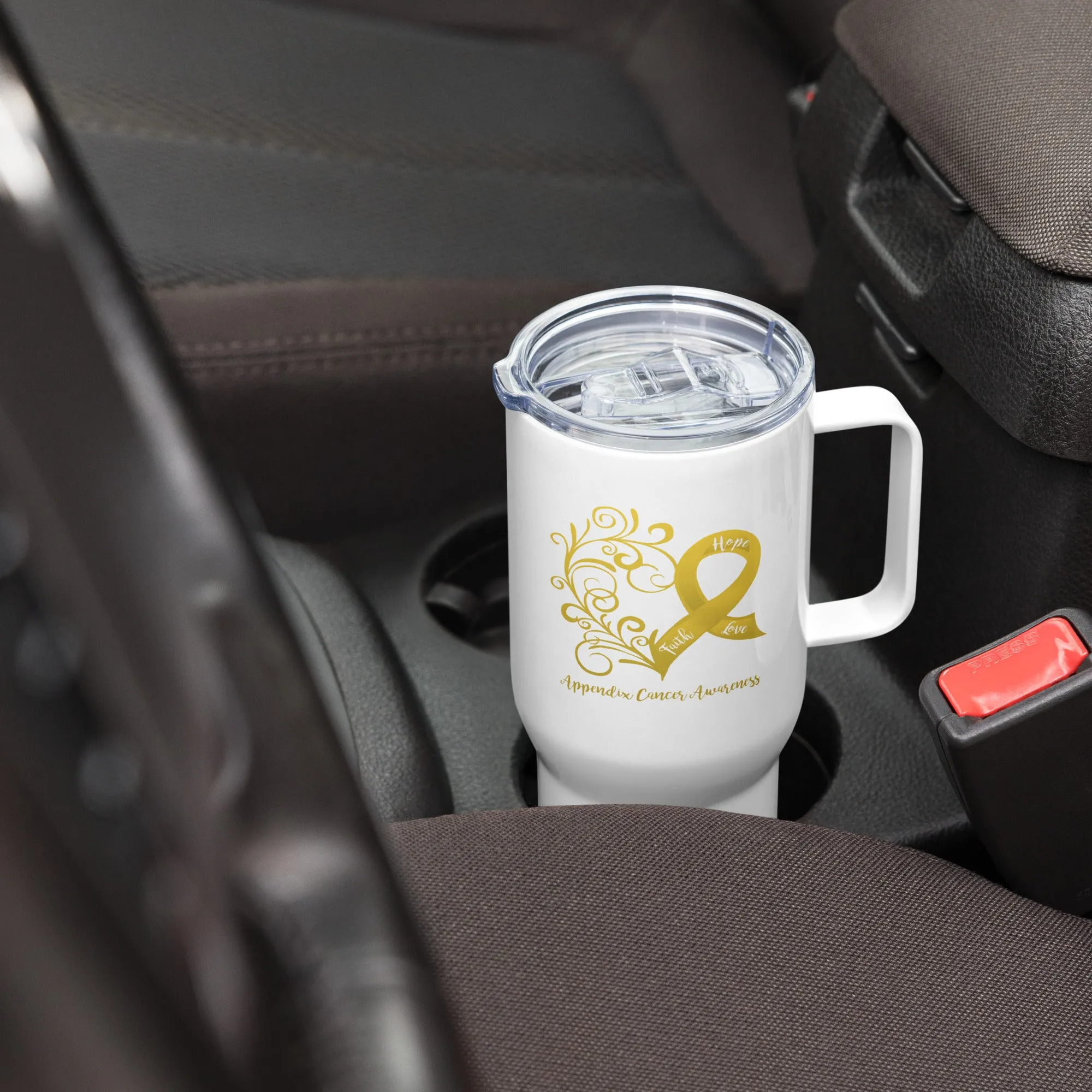 Appendix Cancer Awareness Heart Travel Mug with a Handle