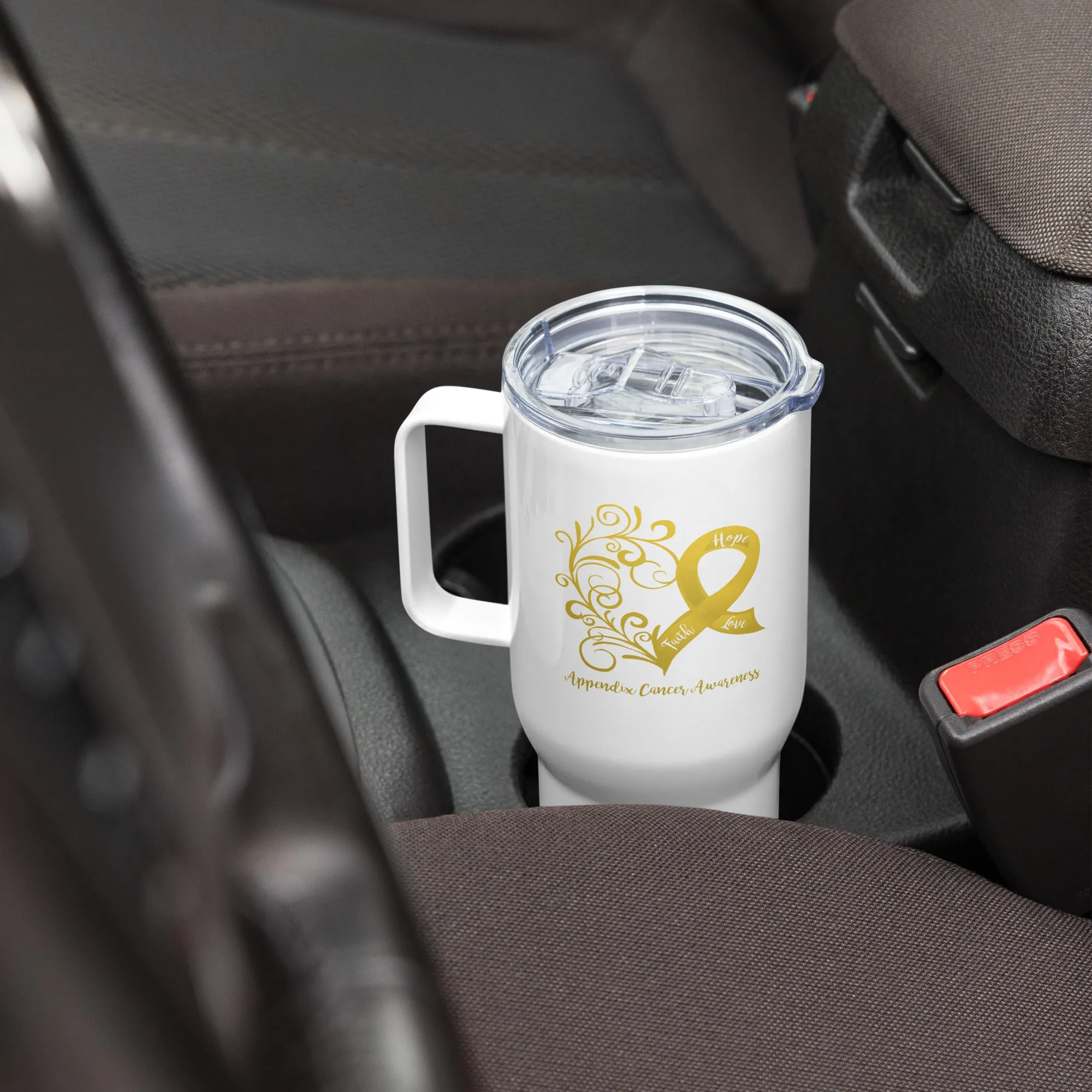 Appendix Cancer Awareness Heart Travel Mug with a Handle