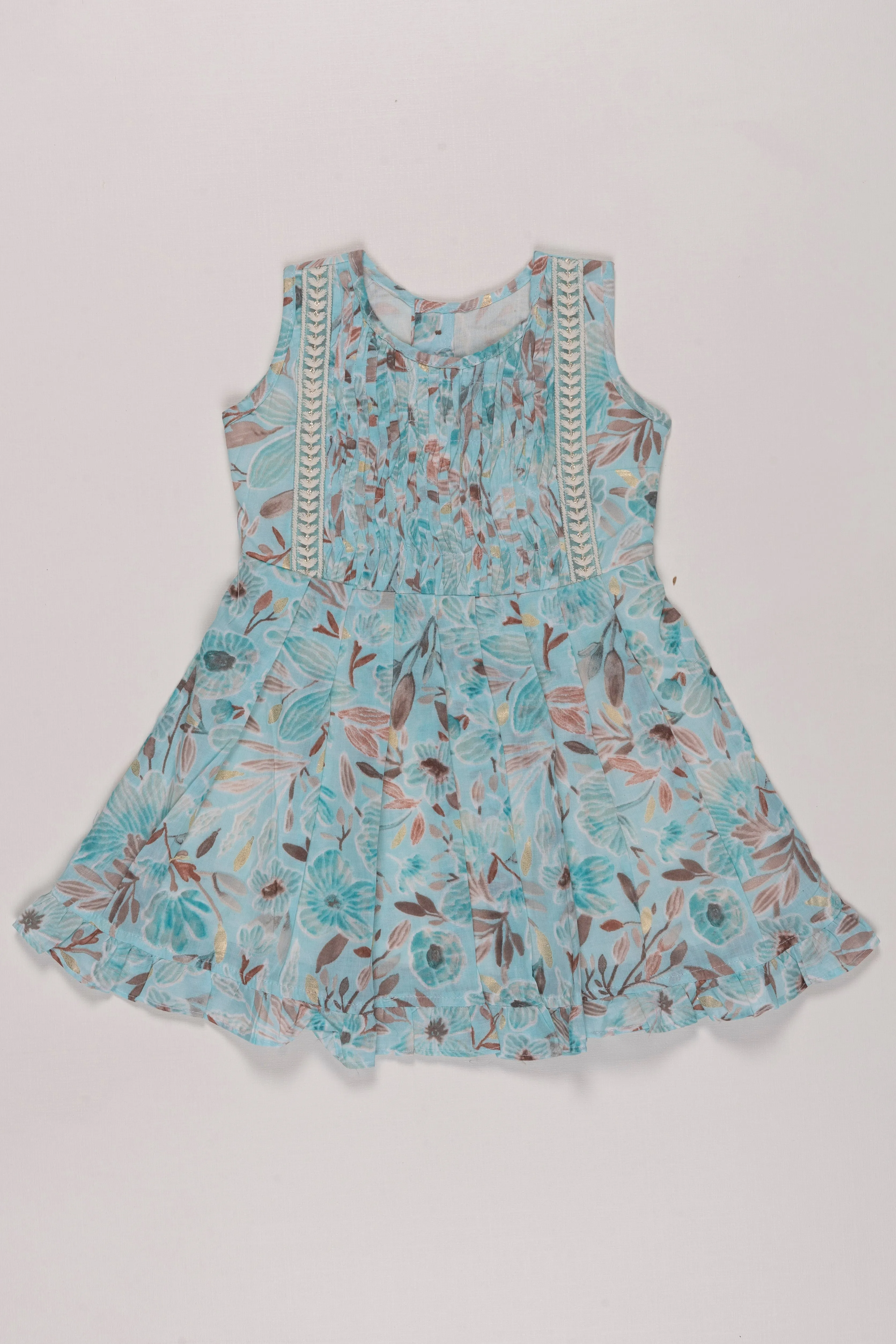 Aqua Floral Kids Pure Cotton Frock with Lace Trim