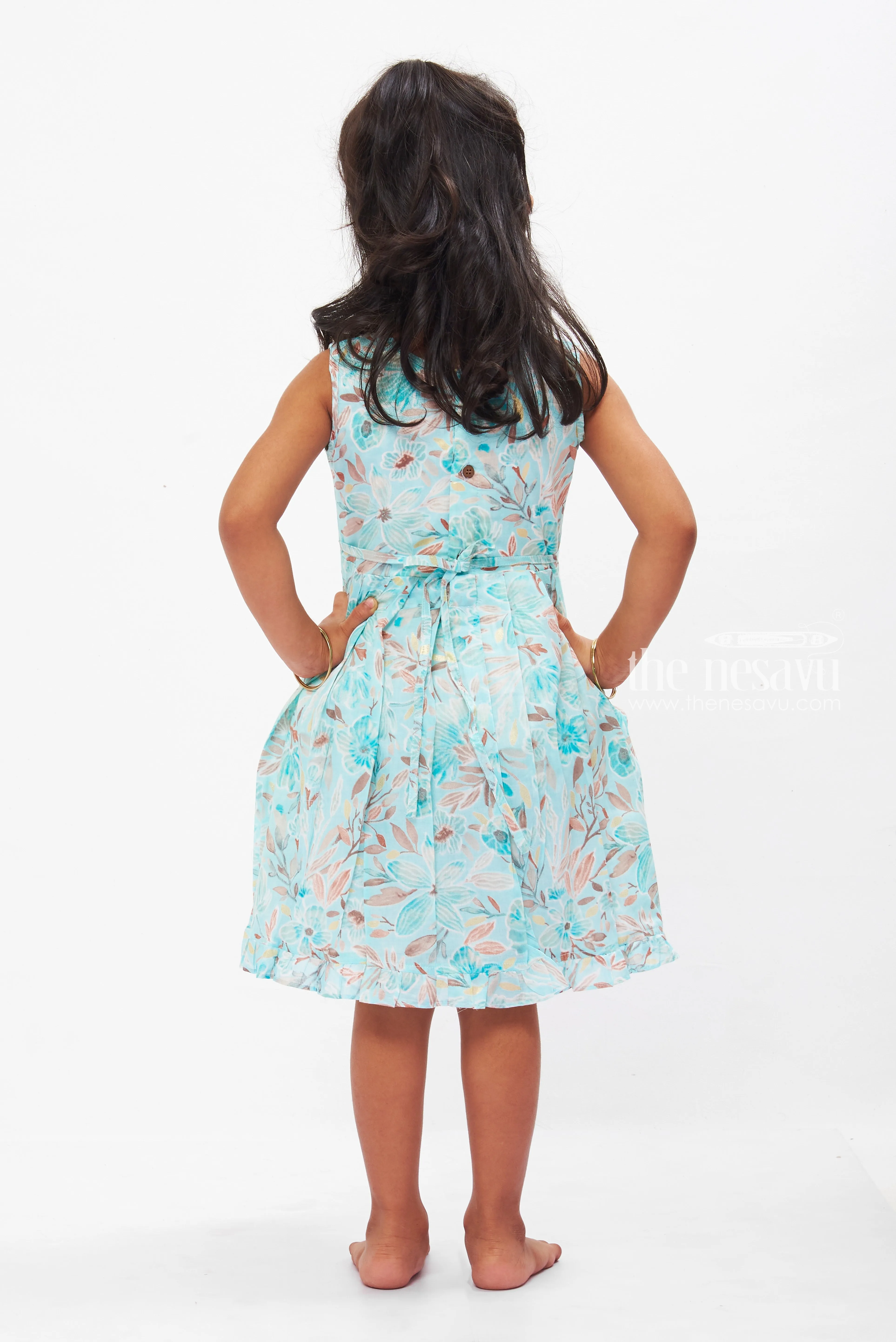 Aqua Floral Kids Pure Cotton Frock with Lace Trim