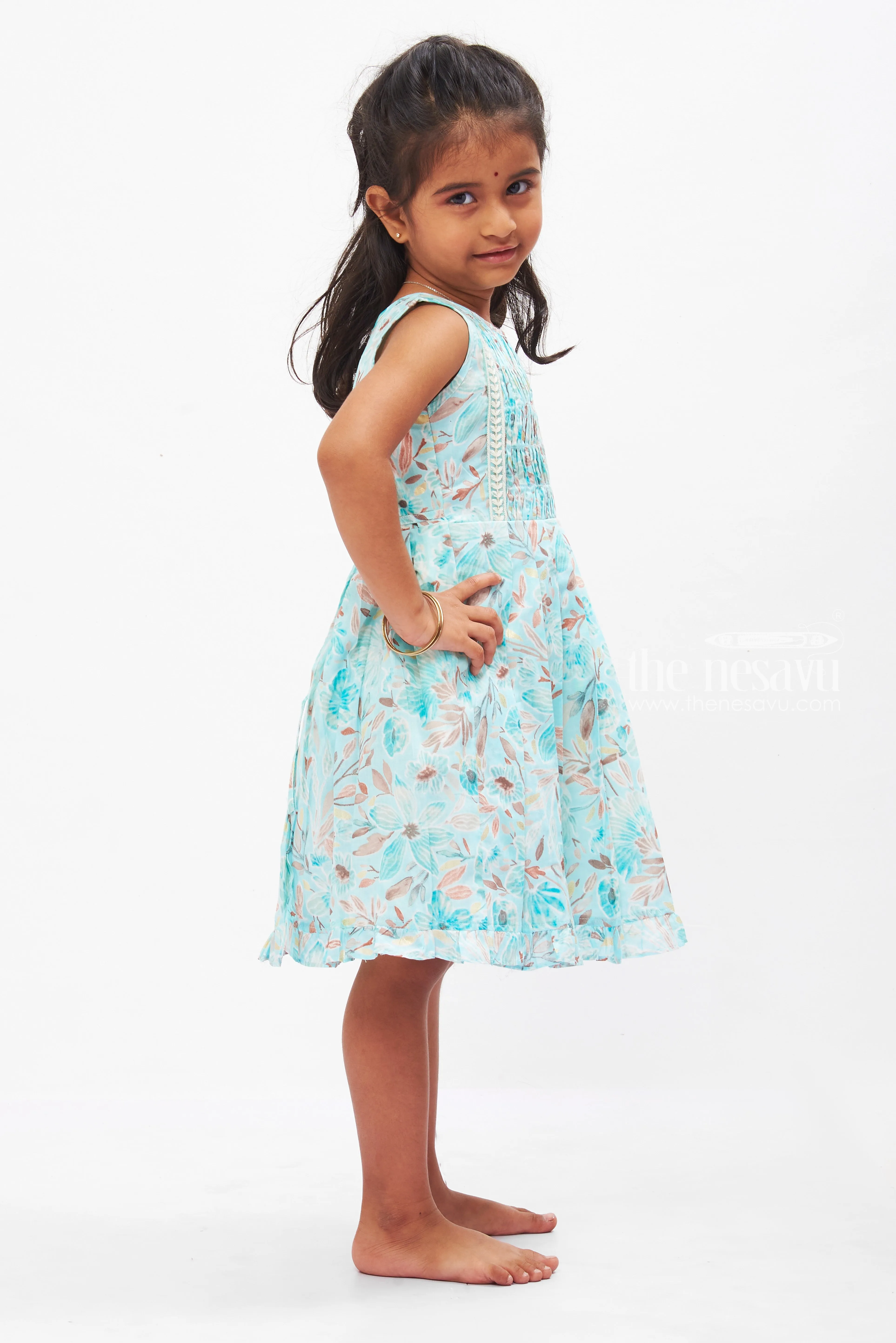 Aqua Floral Kids Pure Cotton Frock with Lace Trim