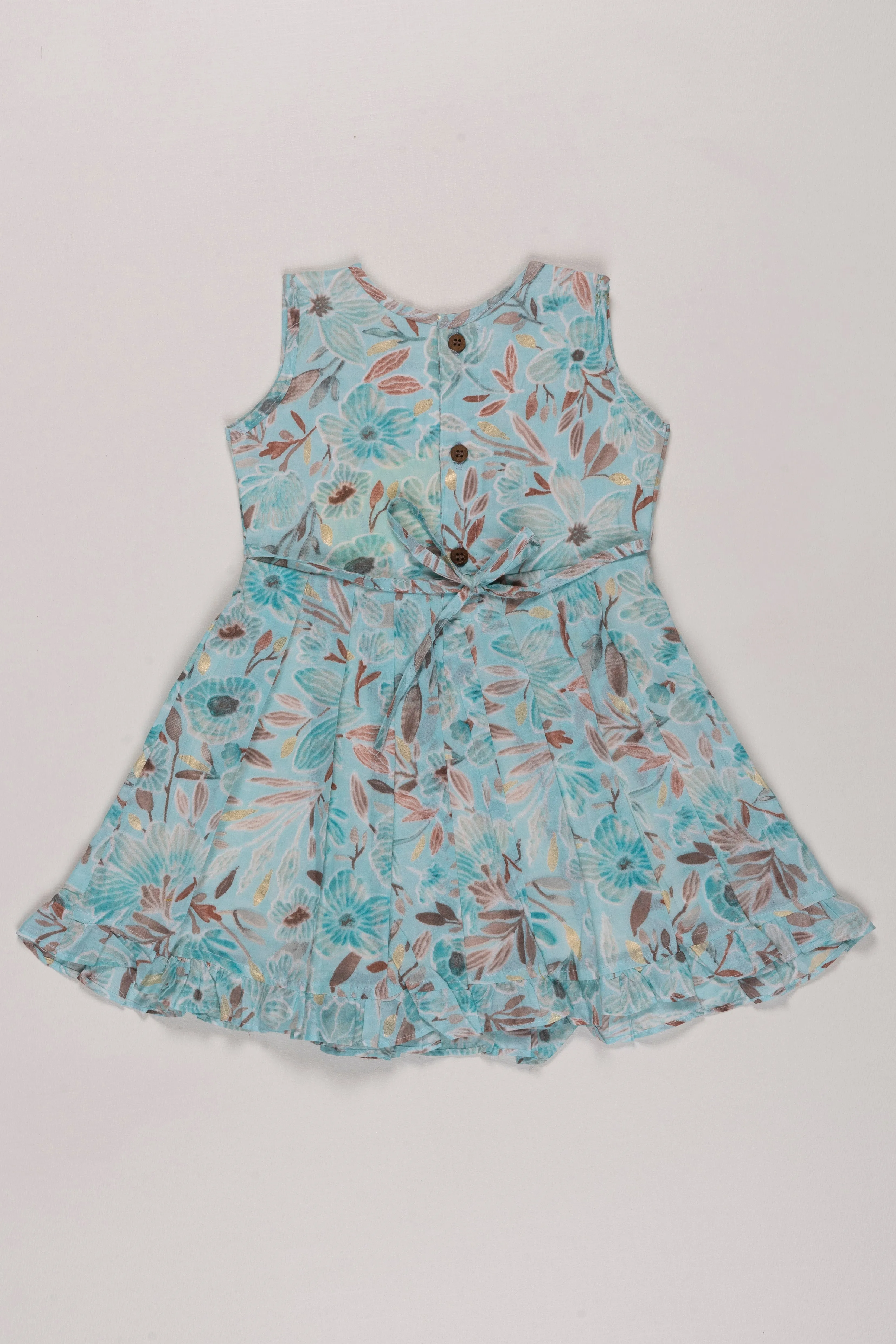 Aqua Floral Kids Pure Cotton Frock with Lace Trim