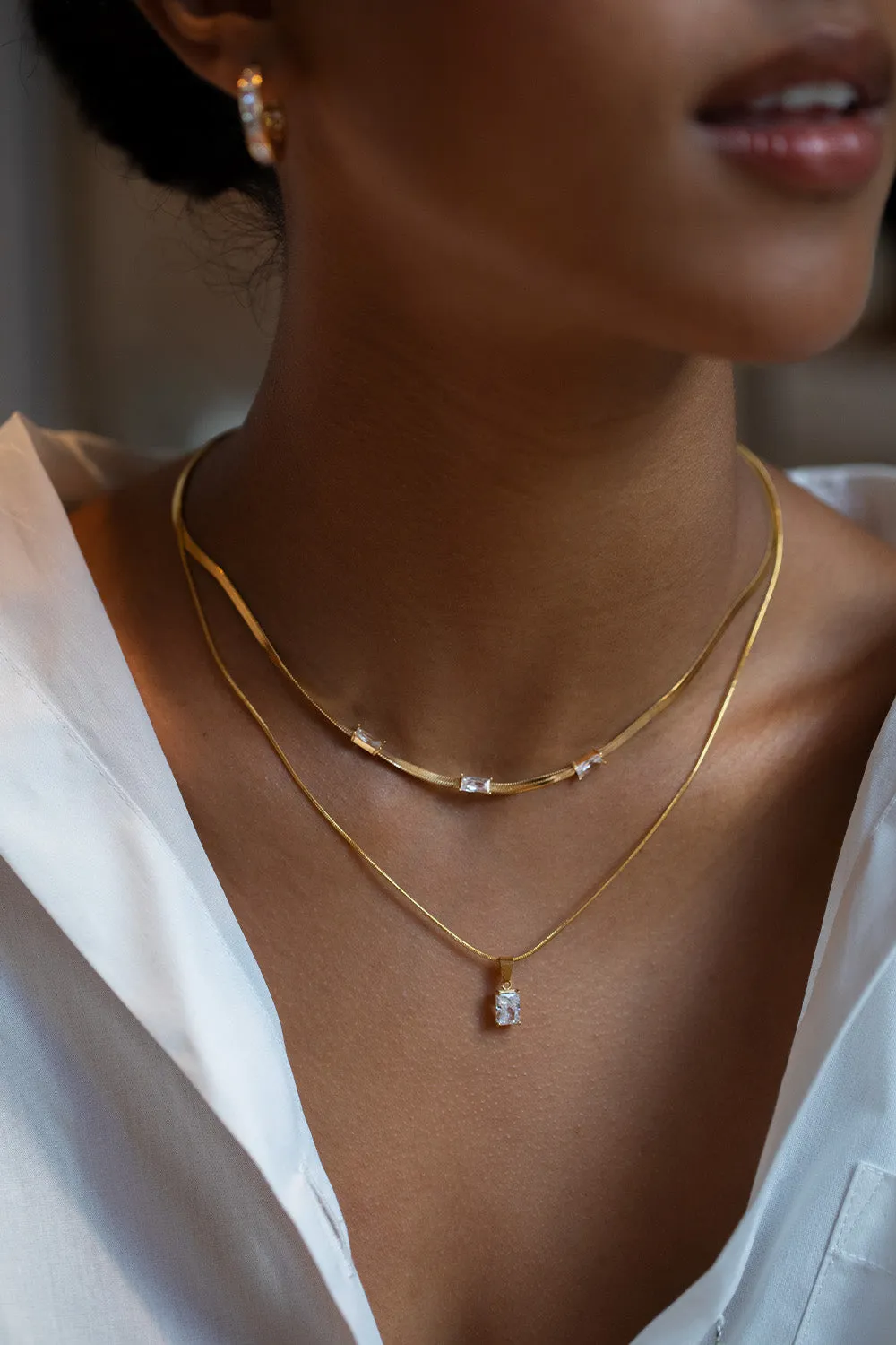 Baguette Stone Necklace 14K Gold Plated