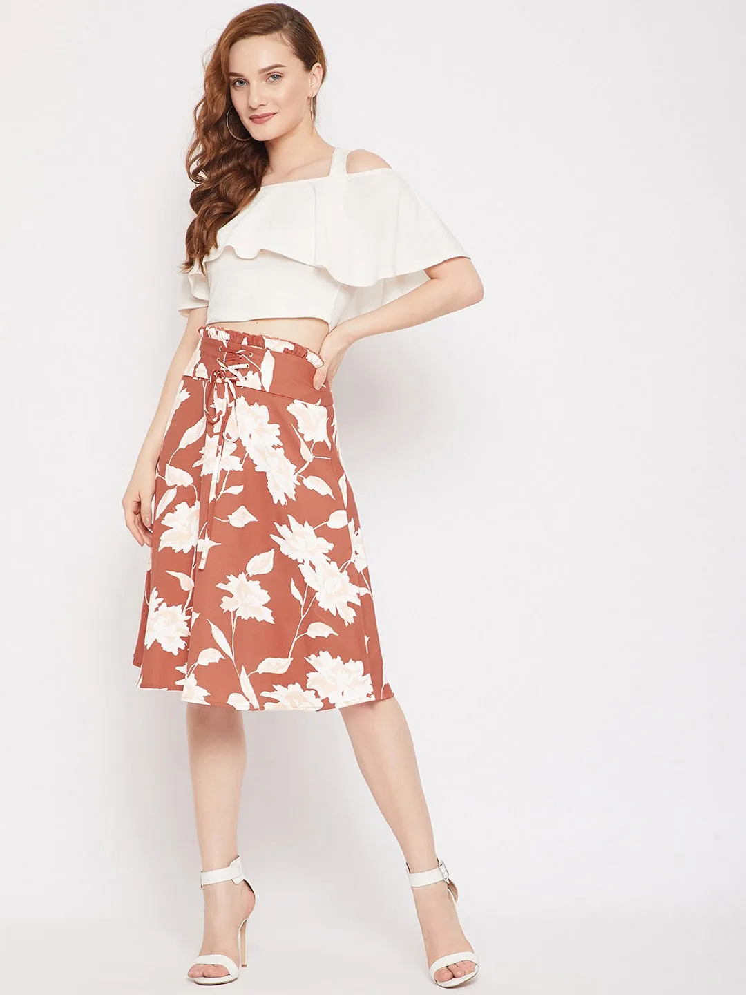 Berrylush Women Brown & White Floral Printed Corset Paperbag Straight A-Line Midi Skirt