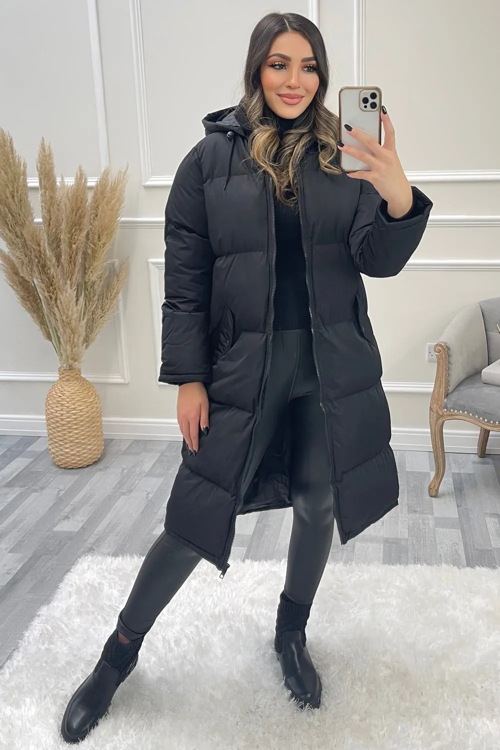 Betti Black Padded Hooded Longline Coat