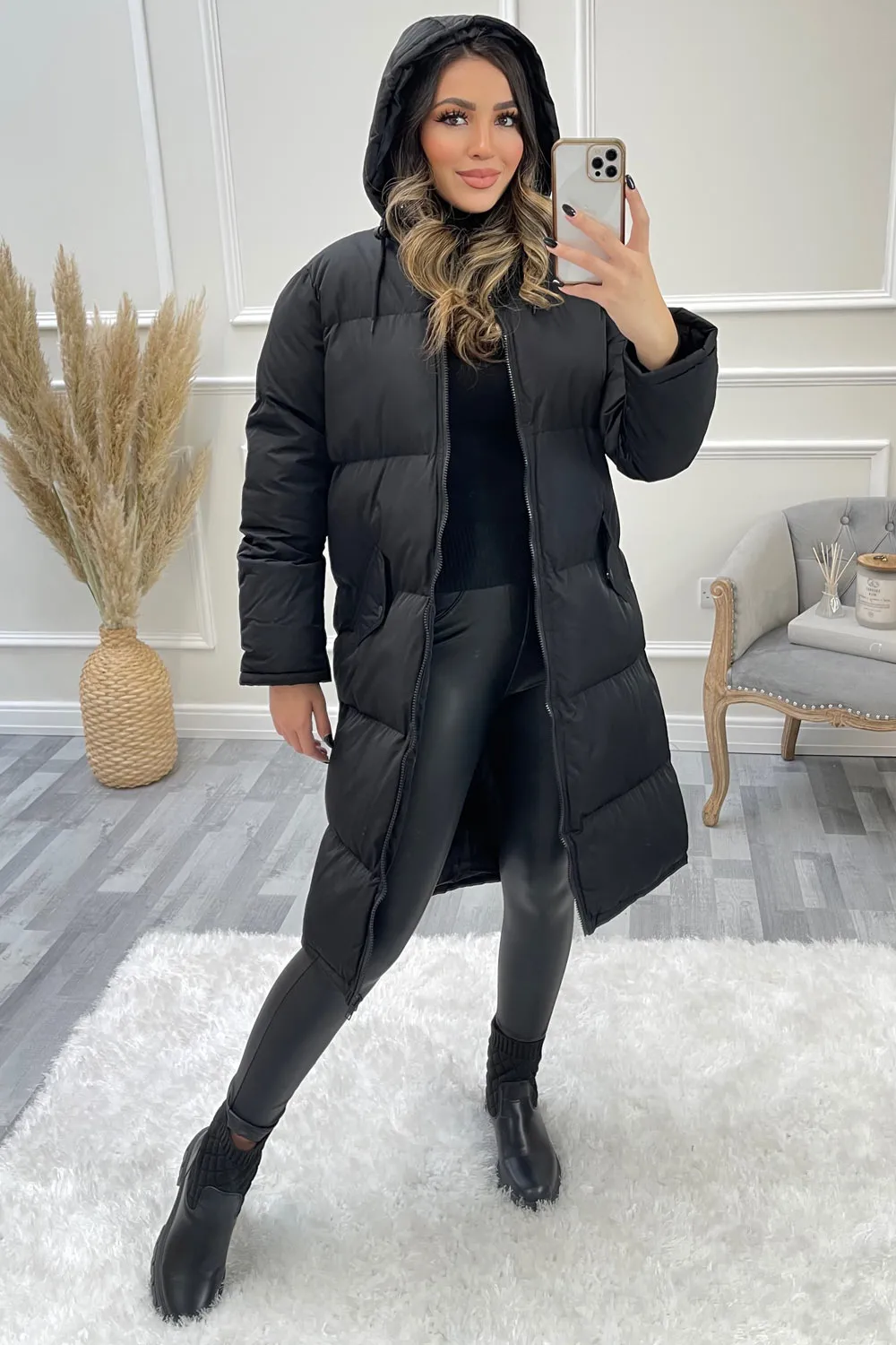 Betti Black Padded Hooded Longline Coat