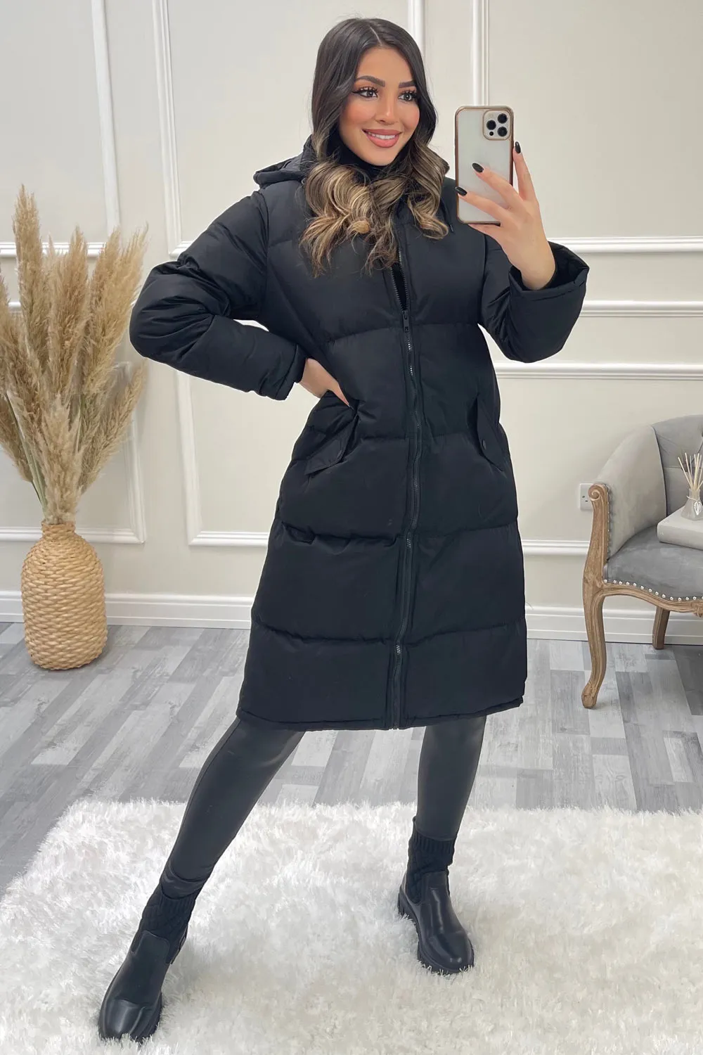 Betti Black Padded Hooded Longline Coat