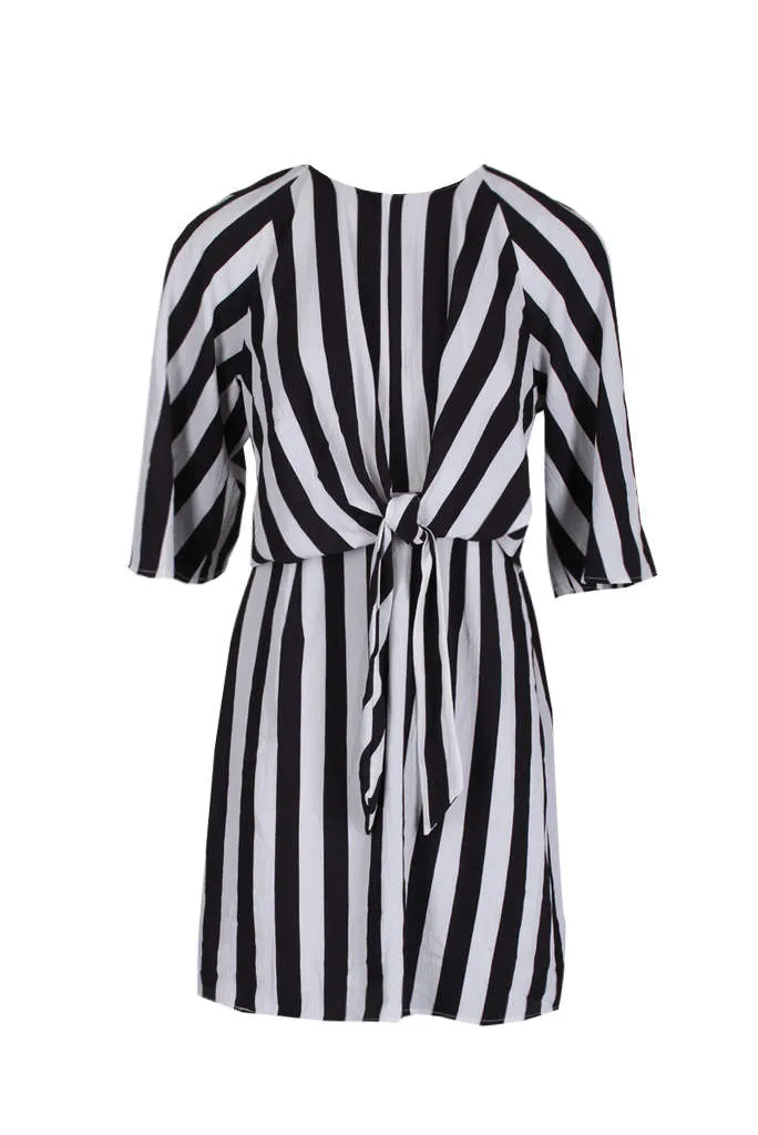 Black &amp; White Striped Tie Waist Dress