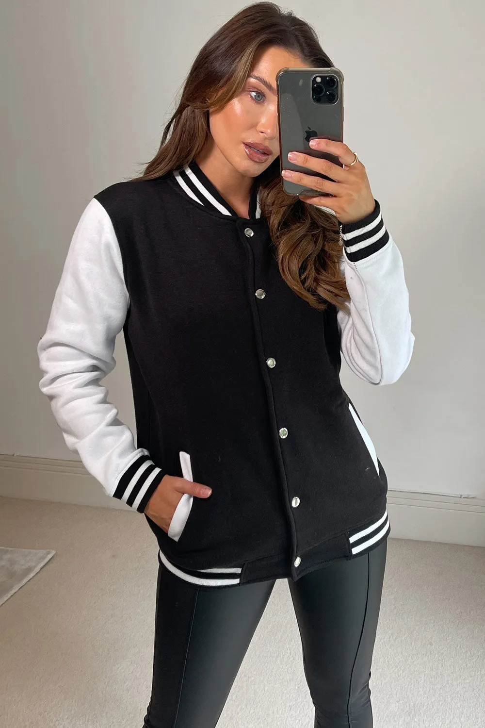 Black and White Contrast Varsity Bomber Jacket