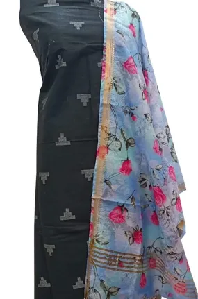 Black Bhagalpur Linen Two Piece Unstitched Suit Set With Digital Printed Dupatta