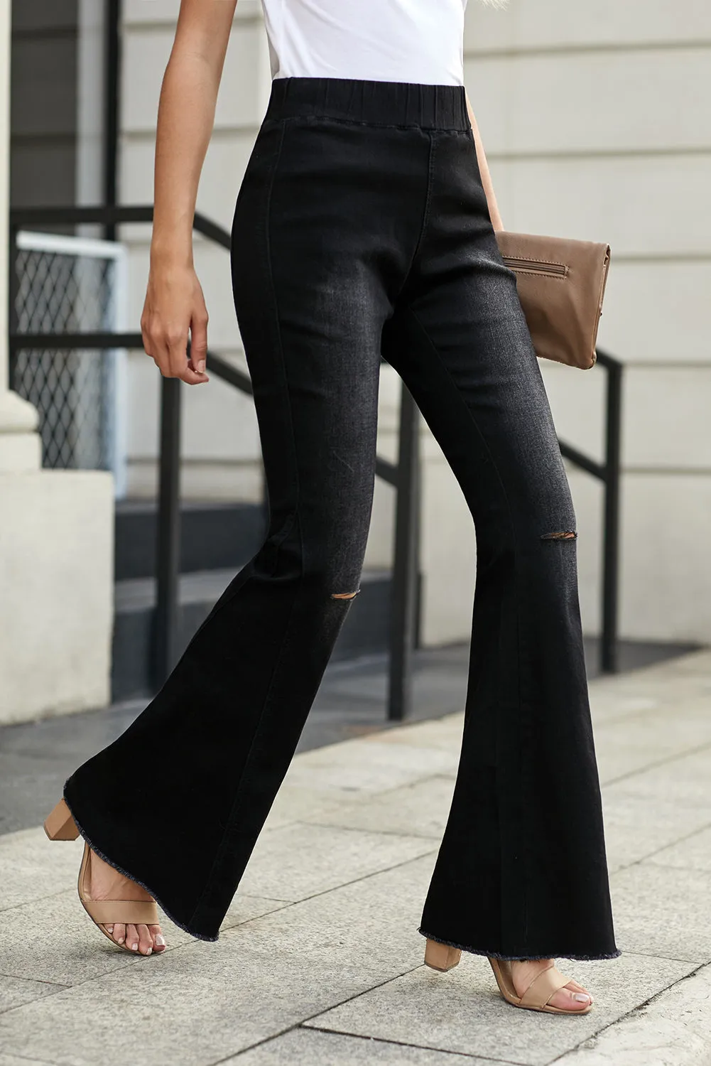 Black Distressed Ripped Bell Bottom Denim Pants