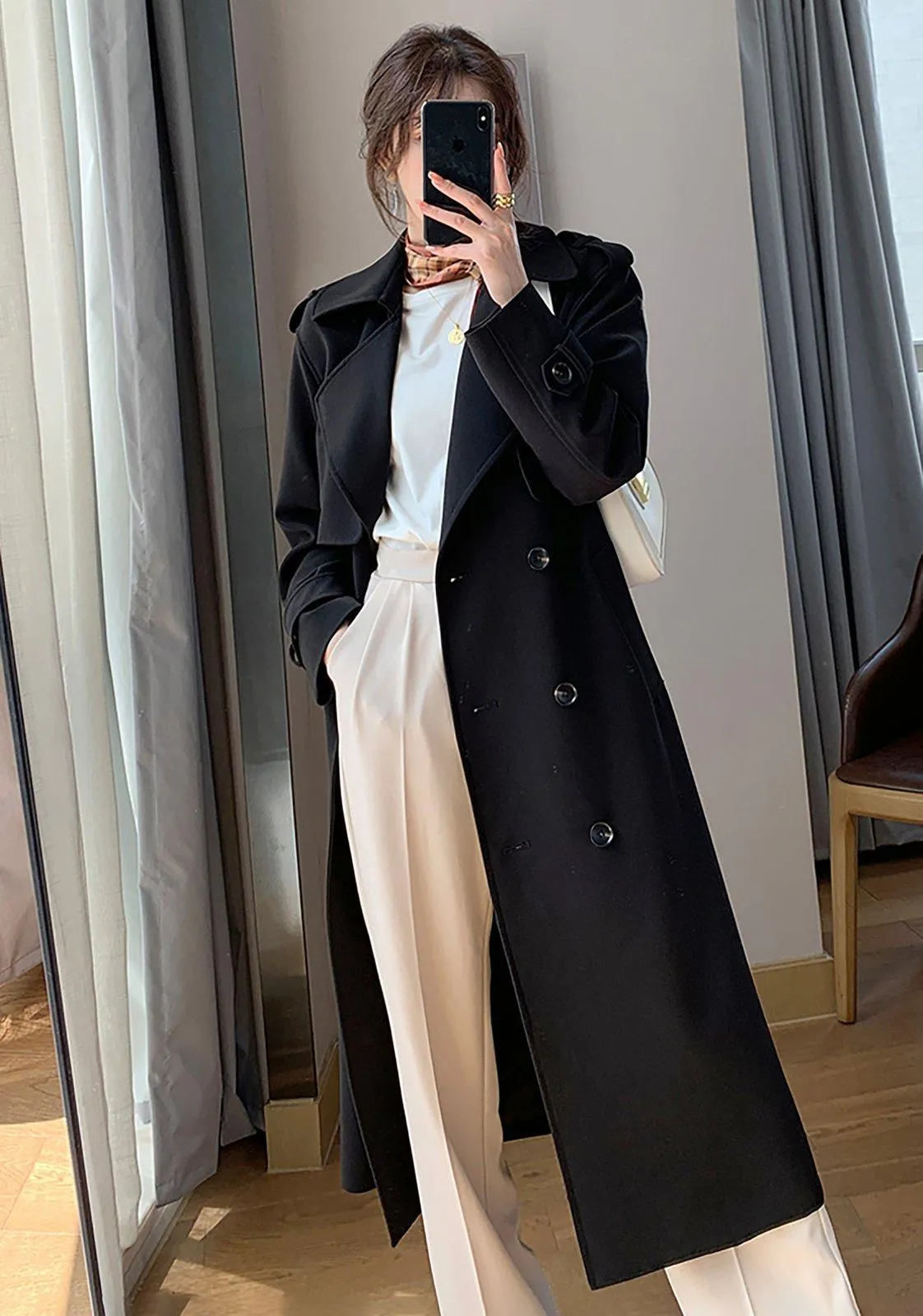 Black Double Breasted Epaulet Trench Coat