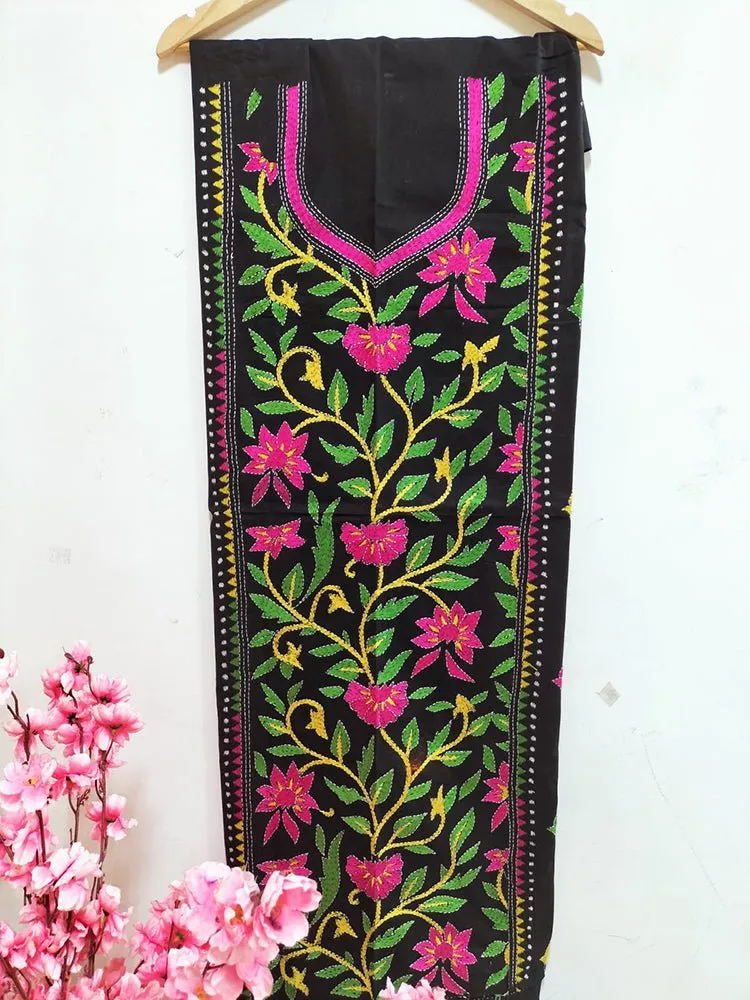 Black Hand Embroidered Kantha Cotton Unstitched Kurti