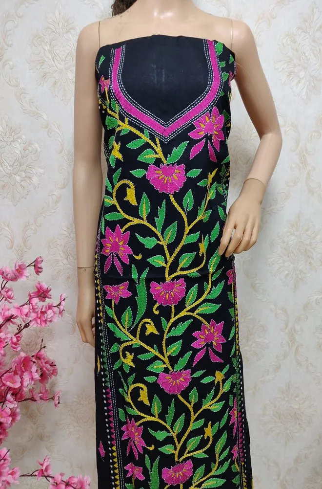 Black Hand Embroidered Kantha Cotton Unstitched Kurti