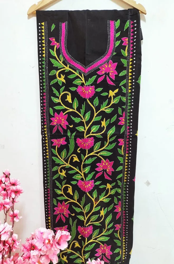 Black Hand Embroidered Kantha Cotton Unstitched Kurti