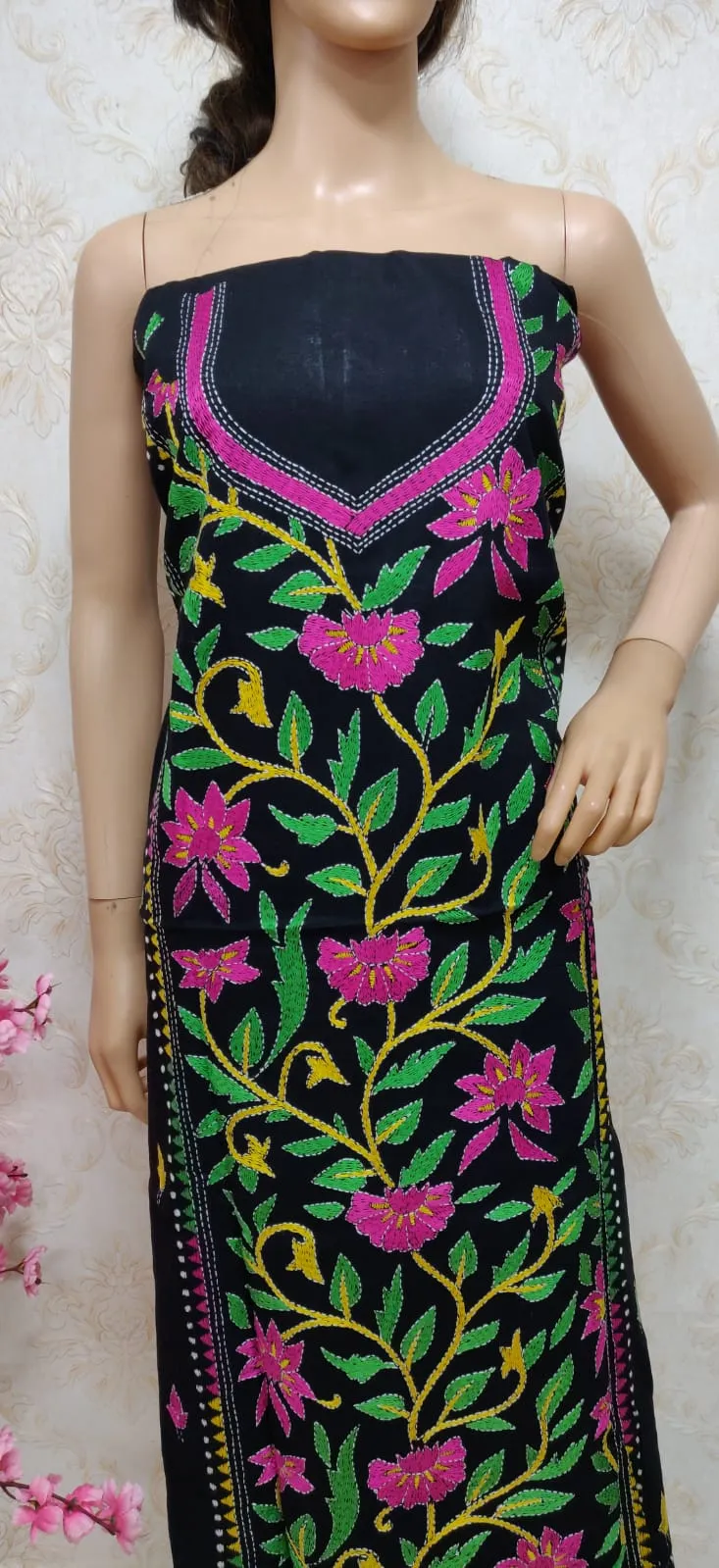 Black Hand Embroidered Kantha Cotton Unstitched Kurti